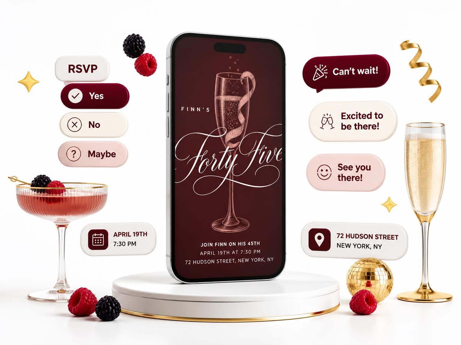 The Burgundy Cocktail 45th Birthday Invitation invitation on a phone, with guest RSVPs arriving around it