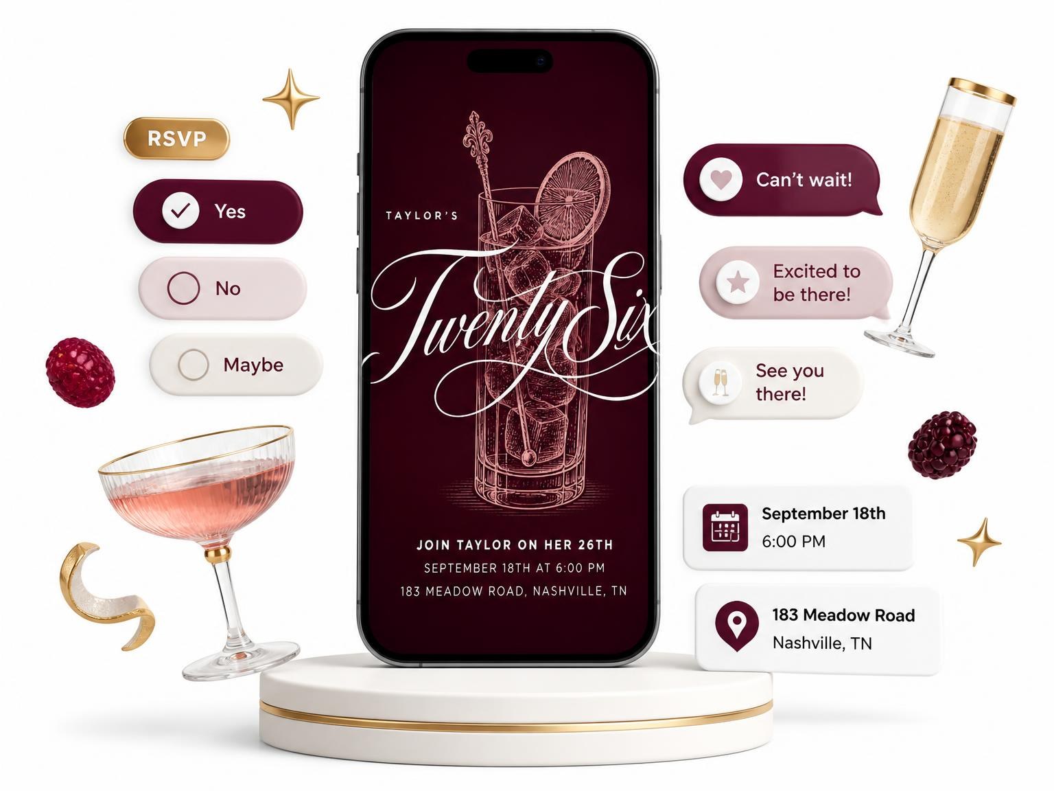 The Burgundy Cocktail 26th Birthday Invitation invitation on a phone, with guest RSVPs arriving around it