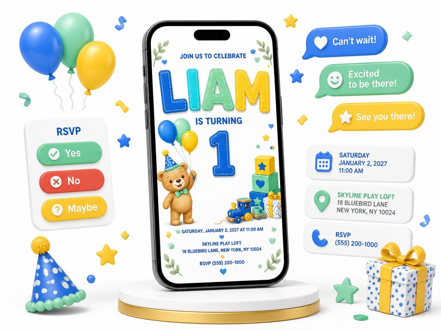 The Blue Teddy Bear and Train 1st Birthday Invitation invitation on a phone, with guest RSVPs arriving around it