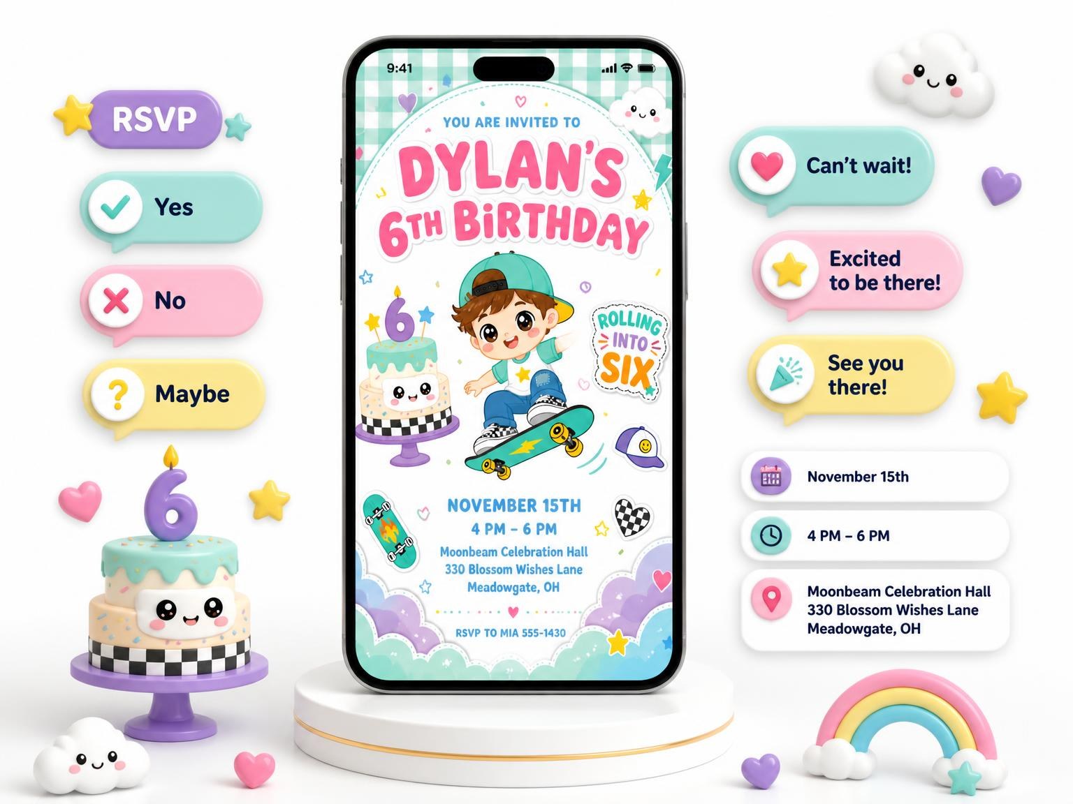 The Kawaii Skateboard 6th Birthday Invitation invitation on a phone, with guest RSVPs arriving around it