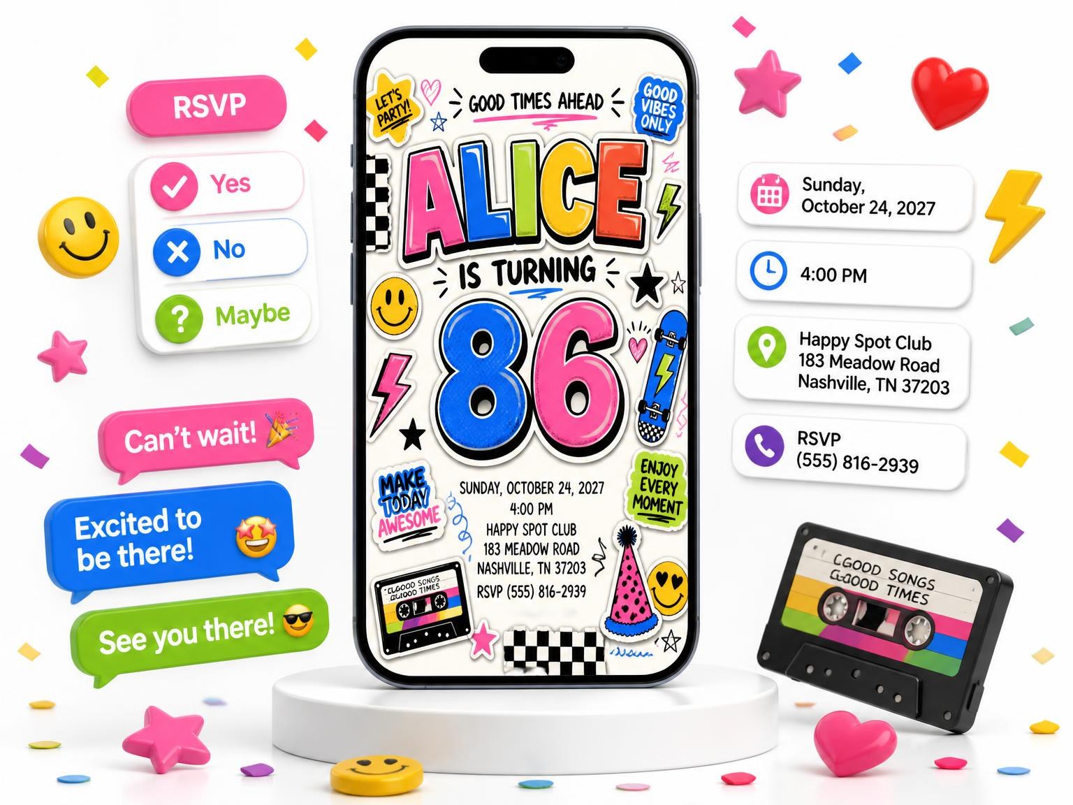 The Sticker Pop 86th Birthday Invitation invitation on a phone, with guest RSVPs arriving around it