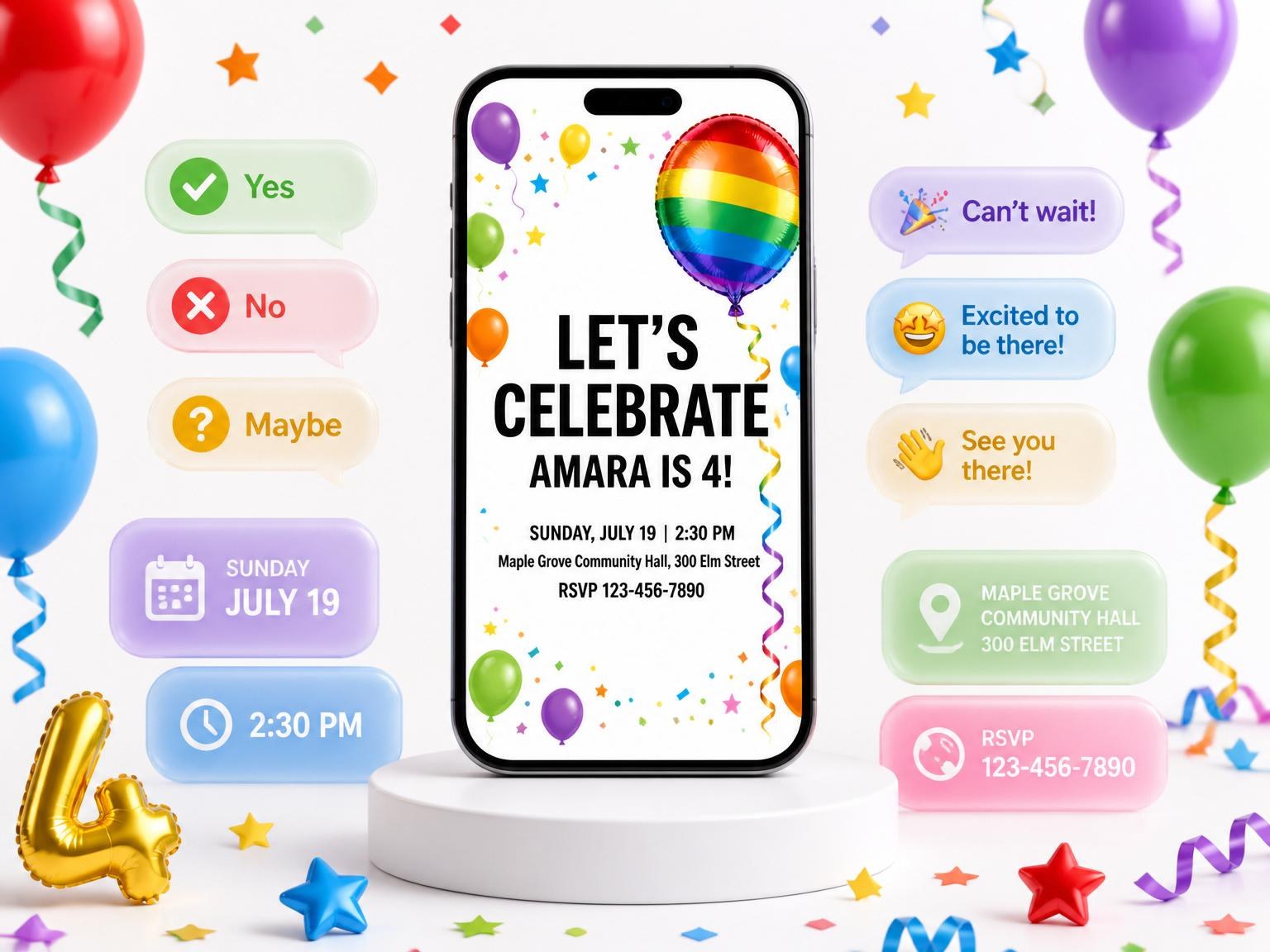 The Rainbow Balloon Border 4th Birthday Invitation invitation on a phone, with guest RSVPs arriving around it