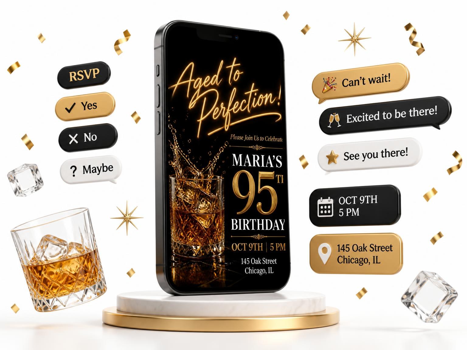 The Whiskey Glass 95th Birthday Invitation invitation on a phone, with guest RSVPs arriving around it