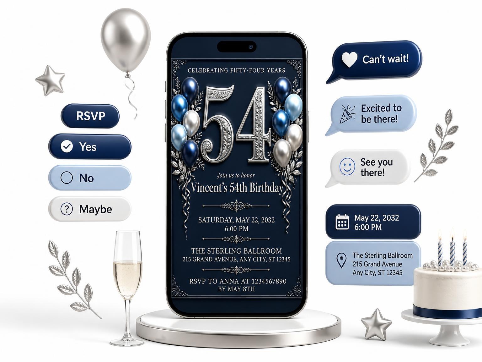 The Navy and Silver 54th Birthday Invitation invitation on a phone, with guest RSVPs arriving around it