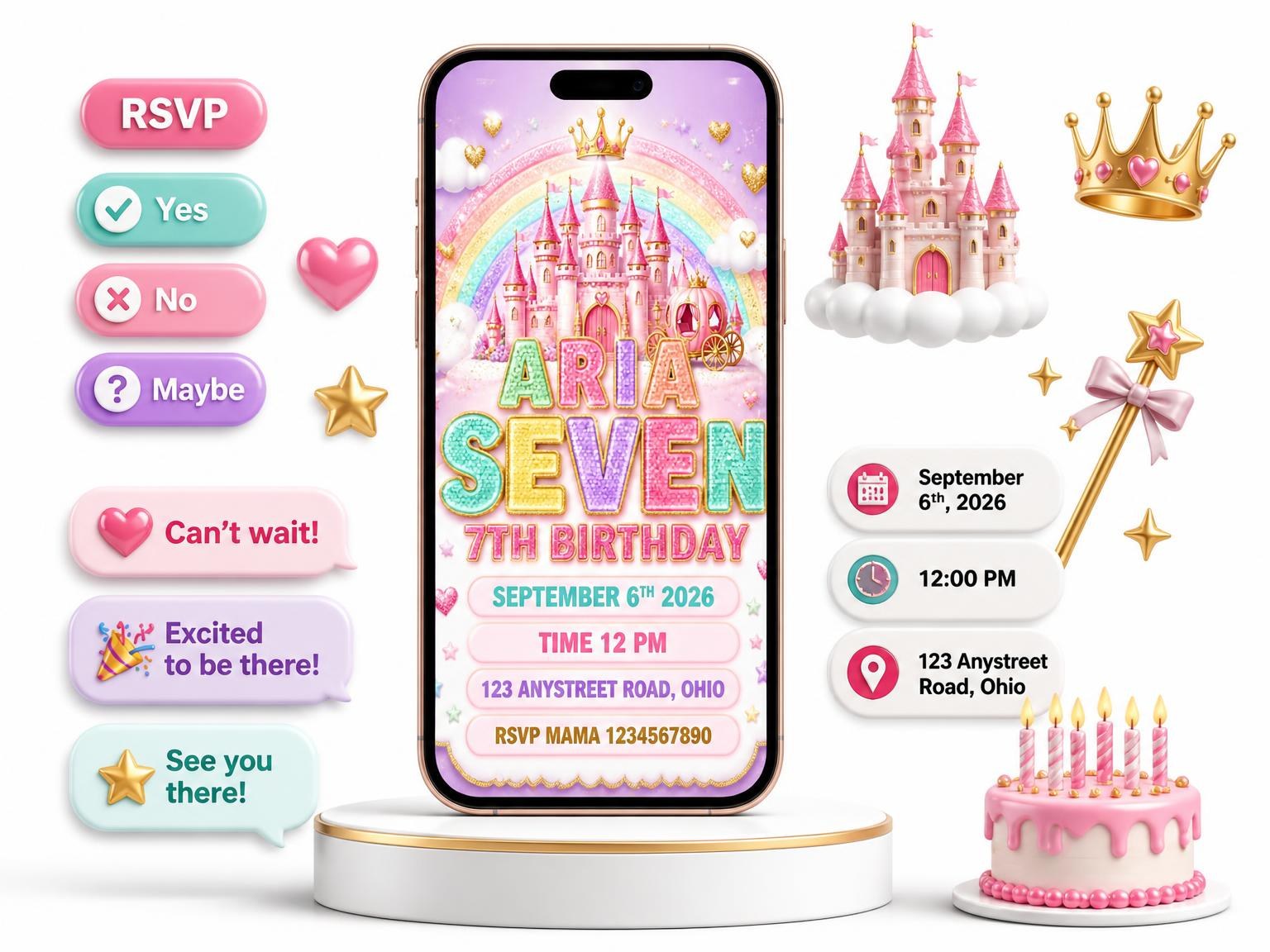 The Glitter Princess Castle 7th Birthday Invitation invitation on a phone, with guest RSVPs arriving around it