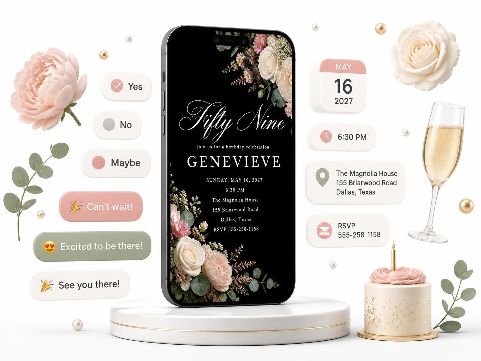 The Black Floral 59th Birthday Invitation invitation on a phone, with guest RSVPs arriving around it