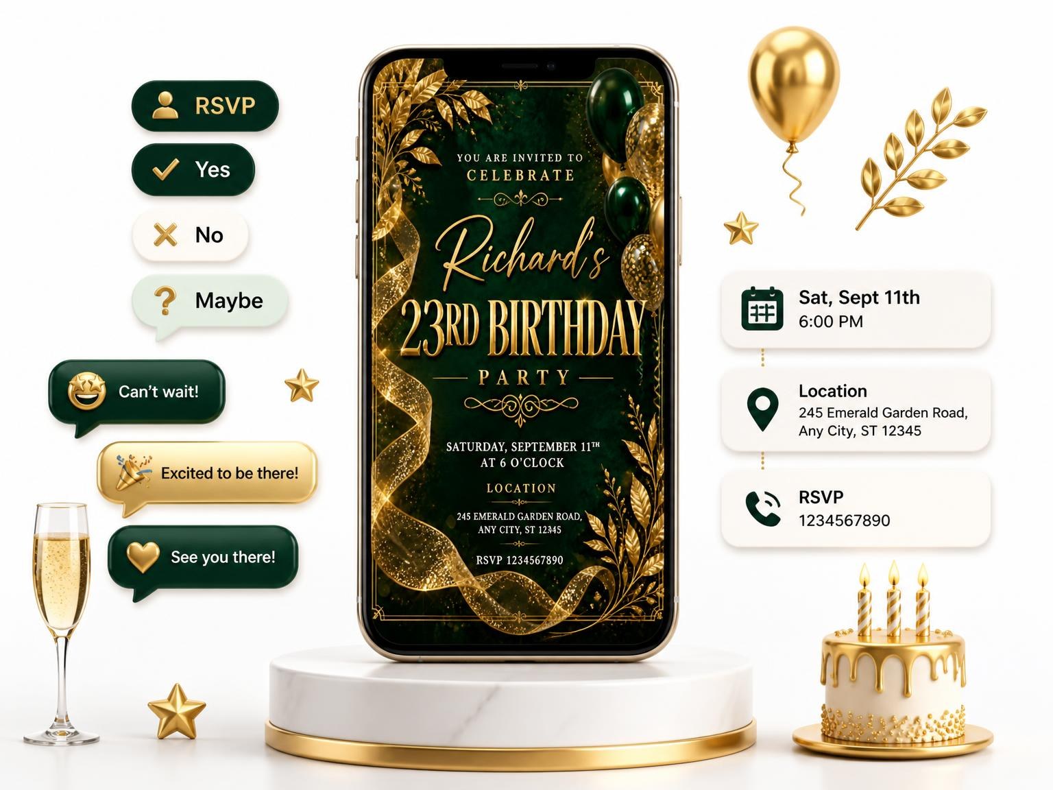The Emerald and Champagne 23rd Birthday Invitation invitation on a phone, with guest RSVPs arriving around it