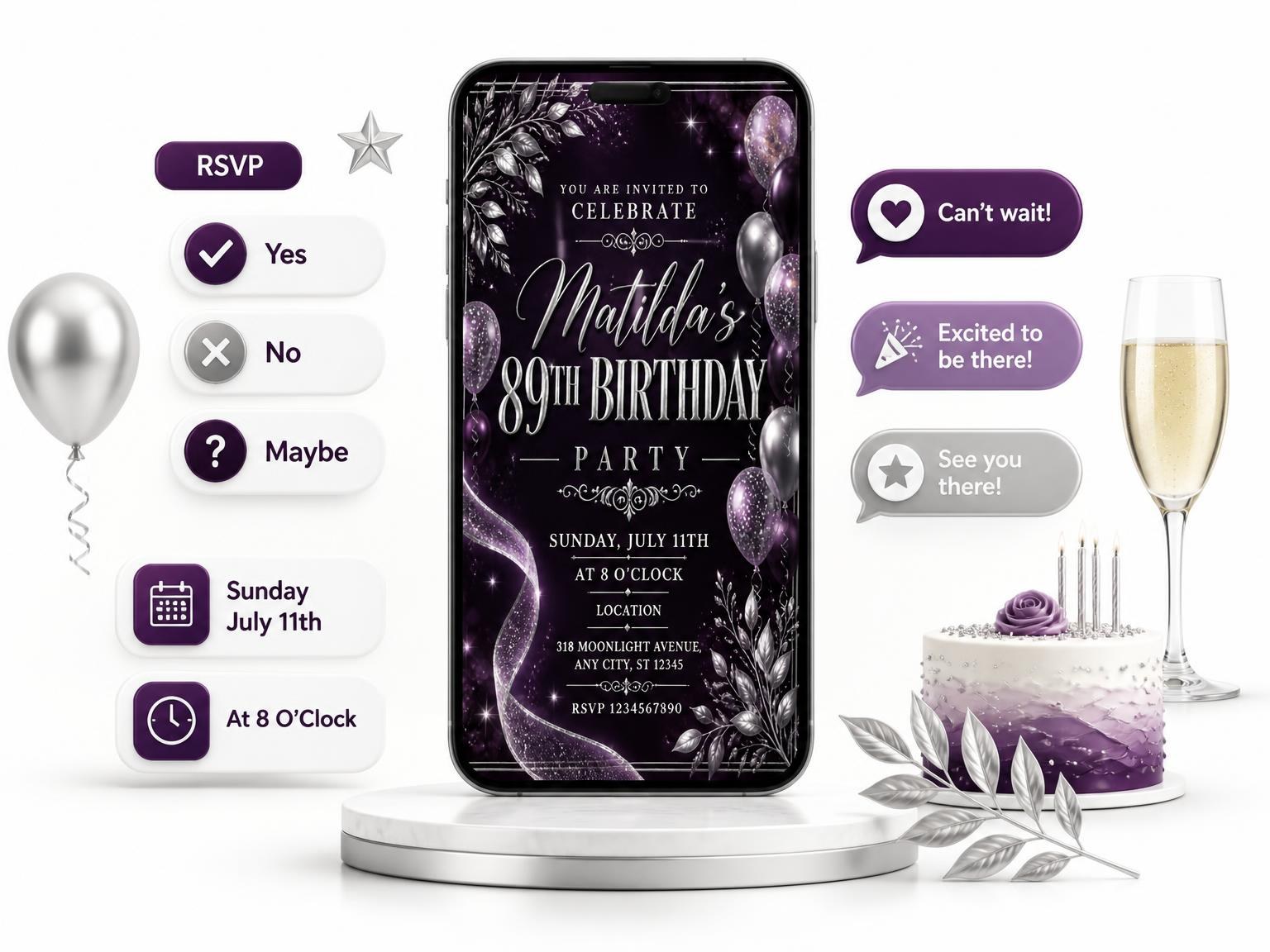 The Plum and Silver 89th Birthday Invitation invitation on a phone, with guest RSVPs arriving around it