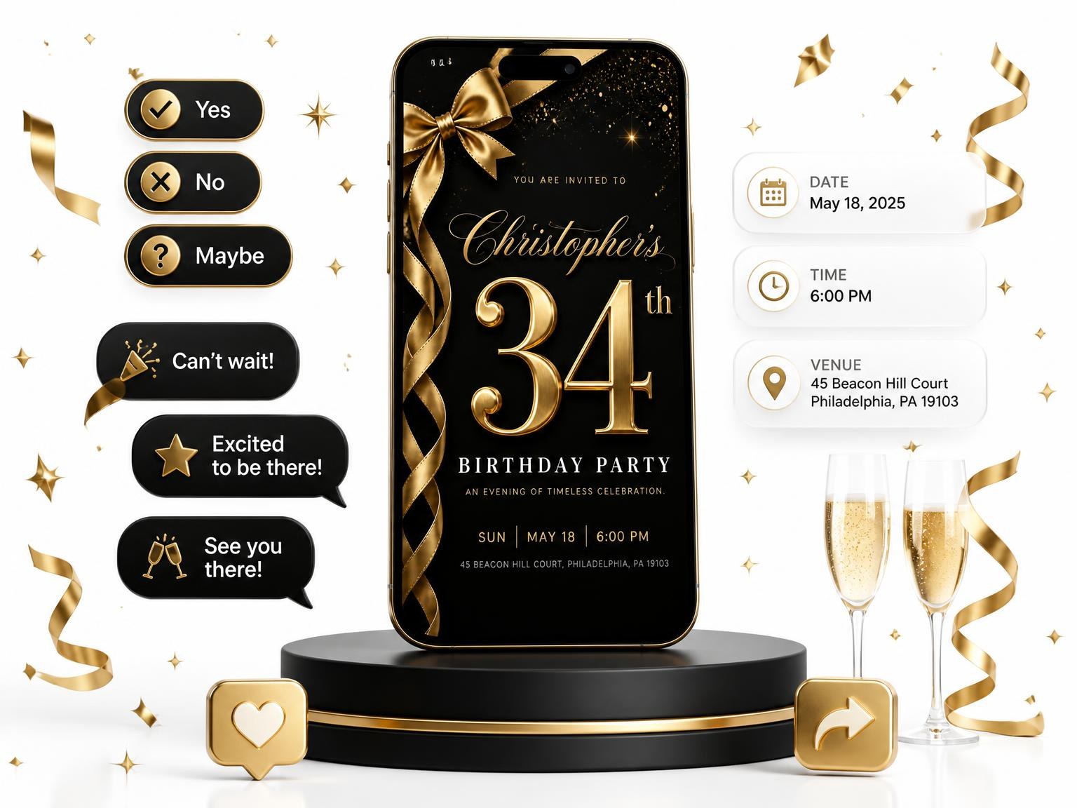 The Black and Gold Ribbon 34th Birthday Invitation invitation on a phone, with guest RSVPs arriving around it