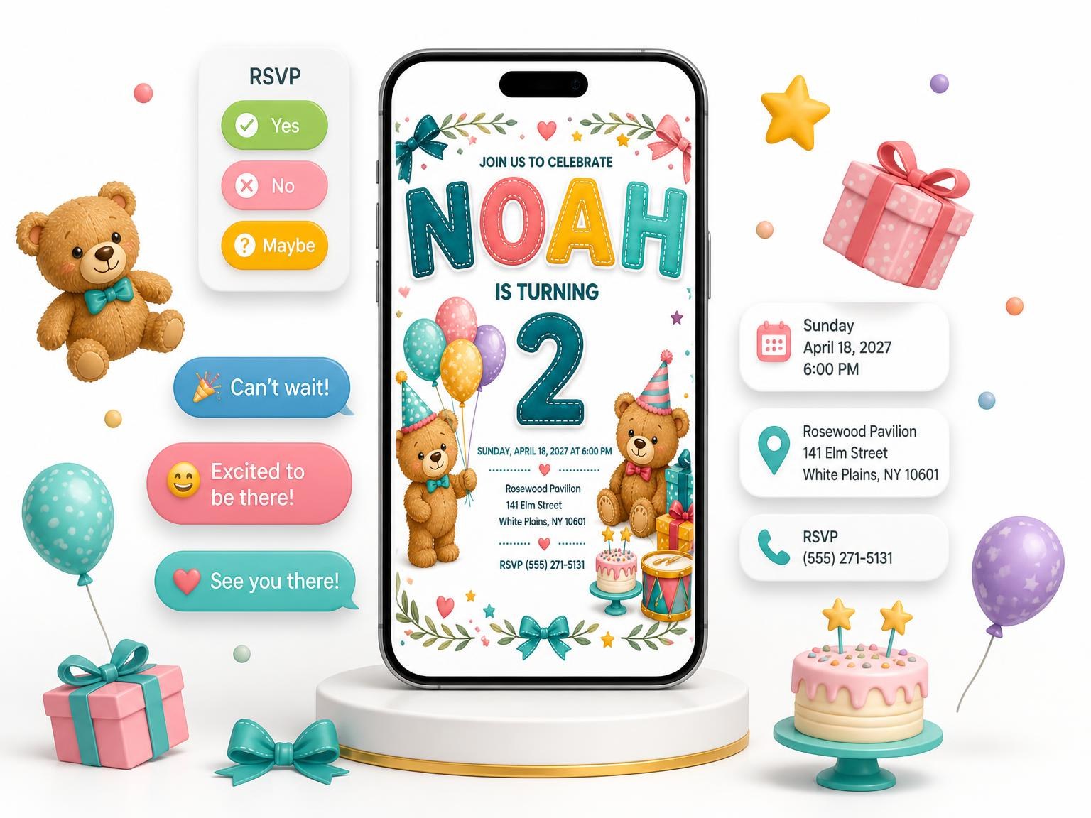 The Stitched Teddy Bear 2nd Birthday Invitation invitation on a phone, with guest RSVPs arriving around it