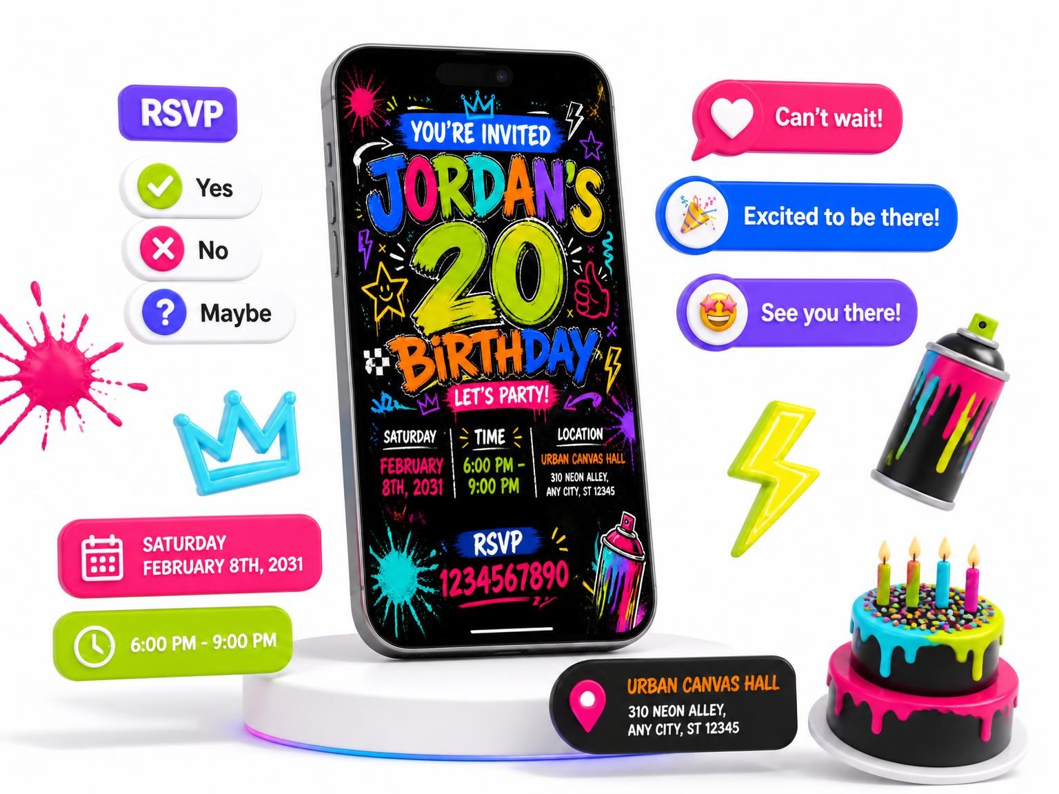 The Graffiti Street Art 20th Birthday Invitation invitation on a phone, with guest RSVPs arriving around it
