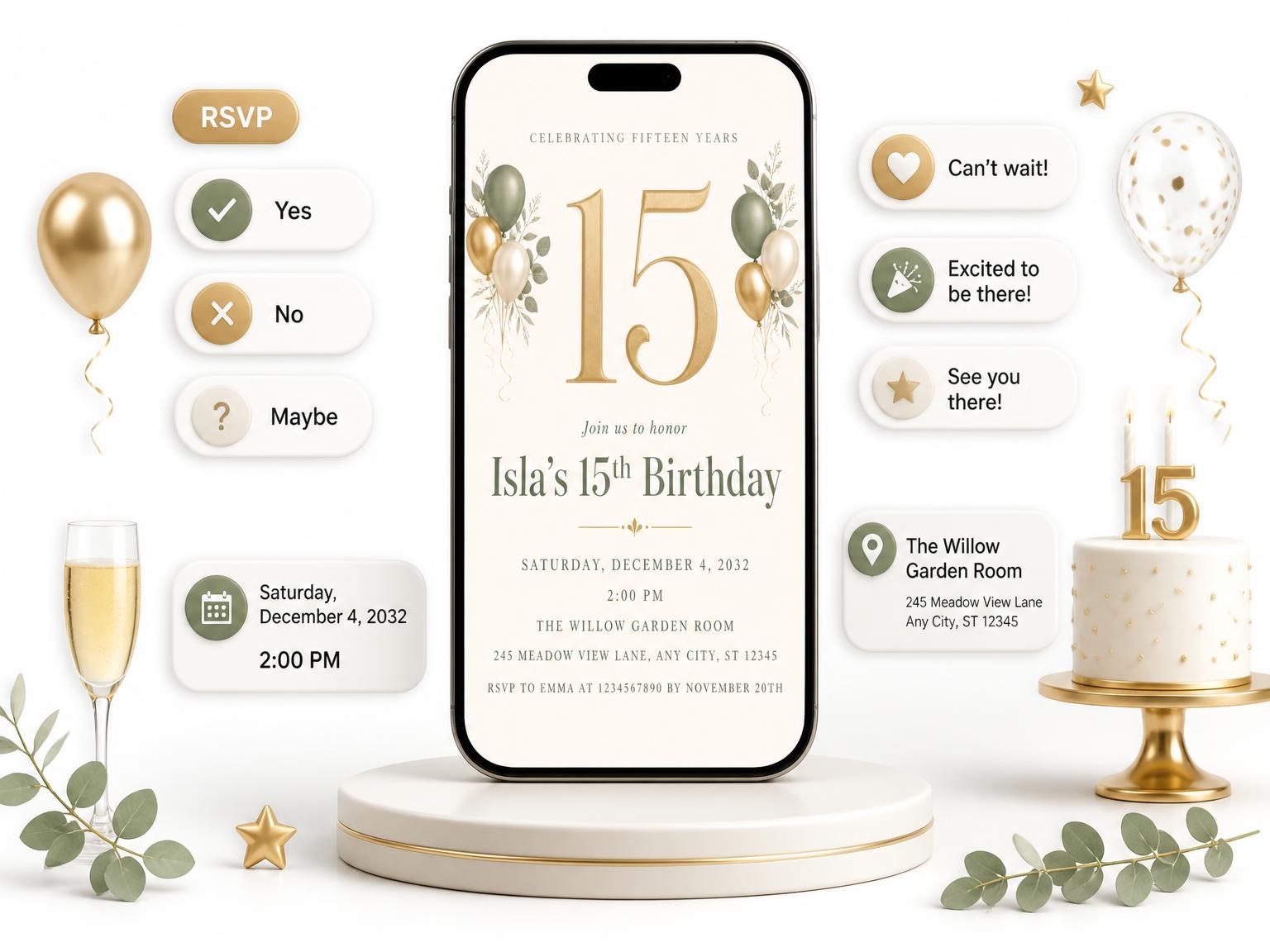 The Sage and Ivory 15th Birthday Invitation invitation on a phone, with guest RSVPs arriving around it
