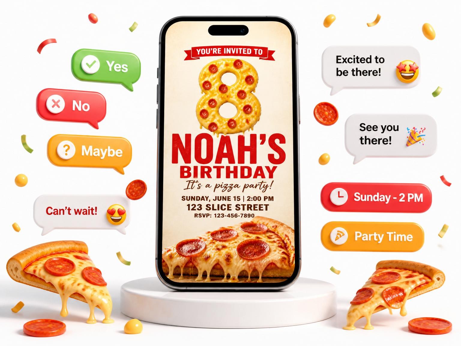 The Pepperoni Pizza Number 8 Birthday invitation on a phone, with guest RSVPs arriving around it