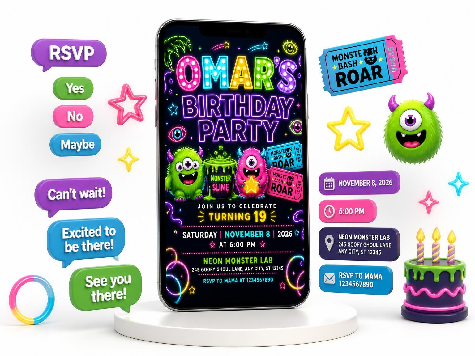 The Neon Monster 19th Birthday Invitation invitation on a phone, with guest RSVPs arriving around it