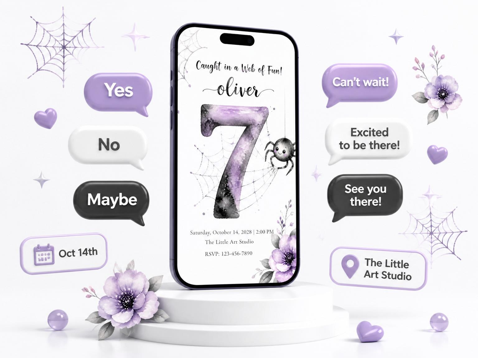 The Caught in a Web of Fun 7th Birthday invitation on a phone, with guest RSVPs arriving around it