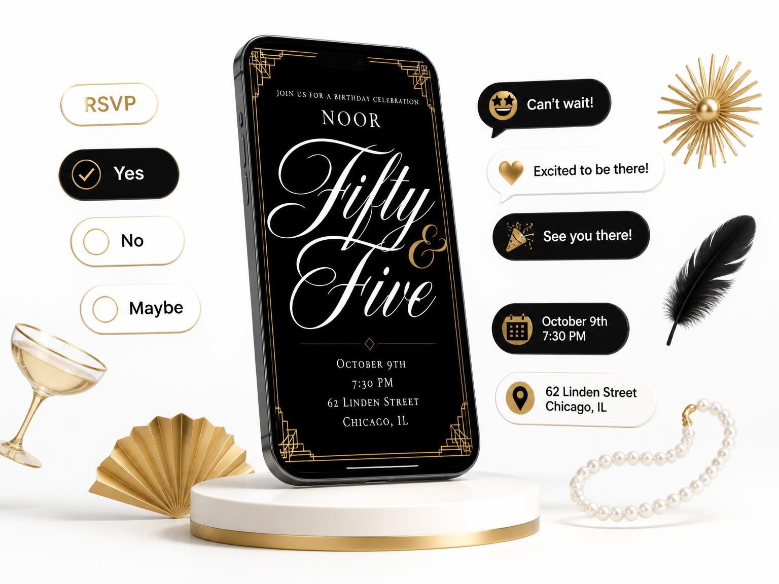 The Art Deco 55th Birthday Invitation invitation on a phone, with guest RSVPs arriving around it