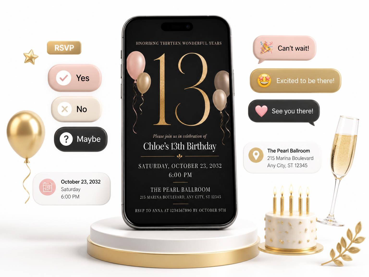 The Charcoal and Blush 13th Birthday Invitation invitation on a phone, with guest RSVPs arriving around it