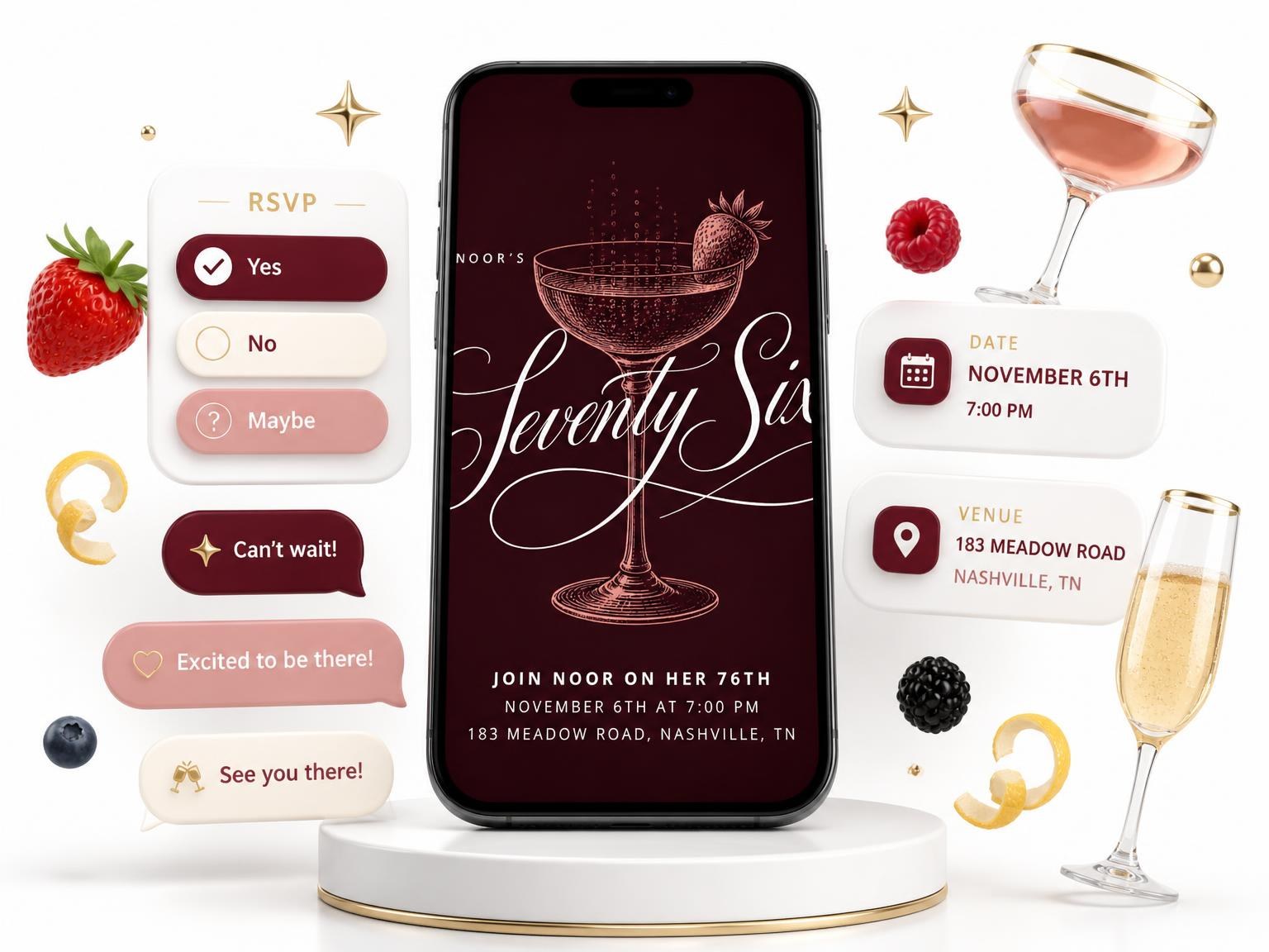 The Burgundy Cocktail 76th Birthday Invitation invitation on a phone, with guest RSVPs arriving around it