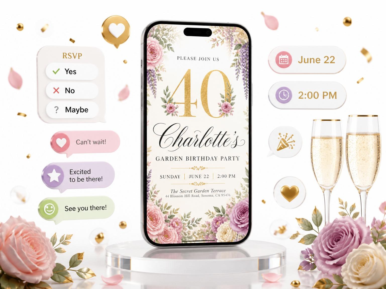 The Gold Foil Wisteria Floral 40th Birthday invitation on a phone, with guest RSVPs arriving around it