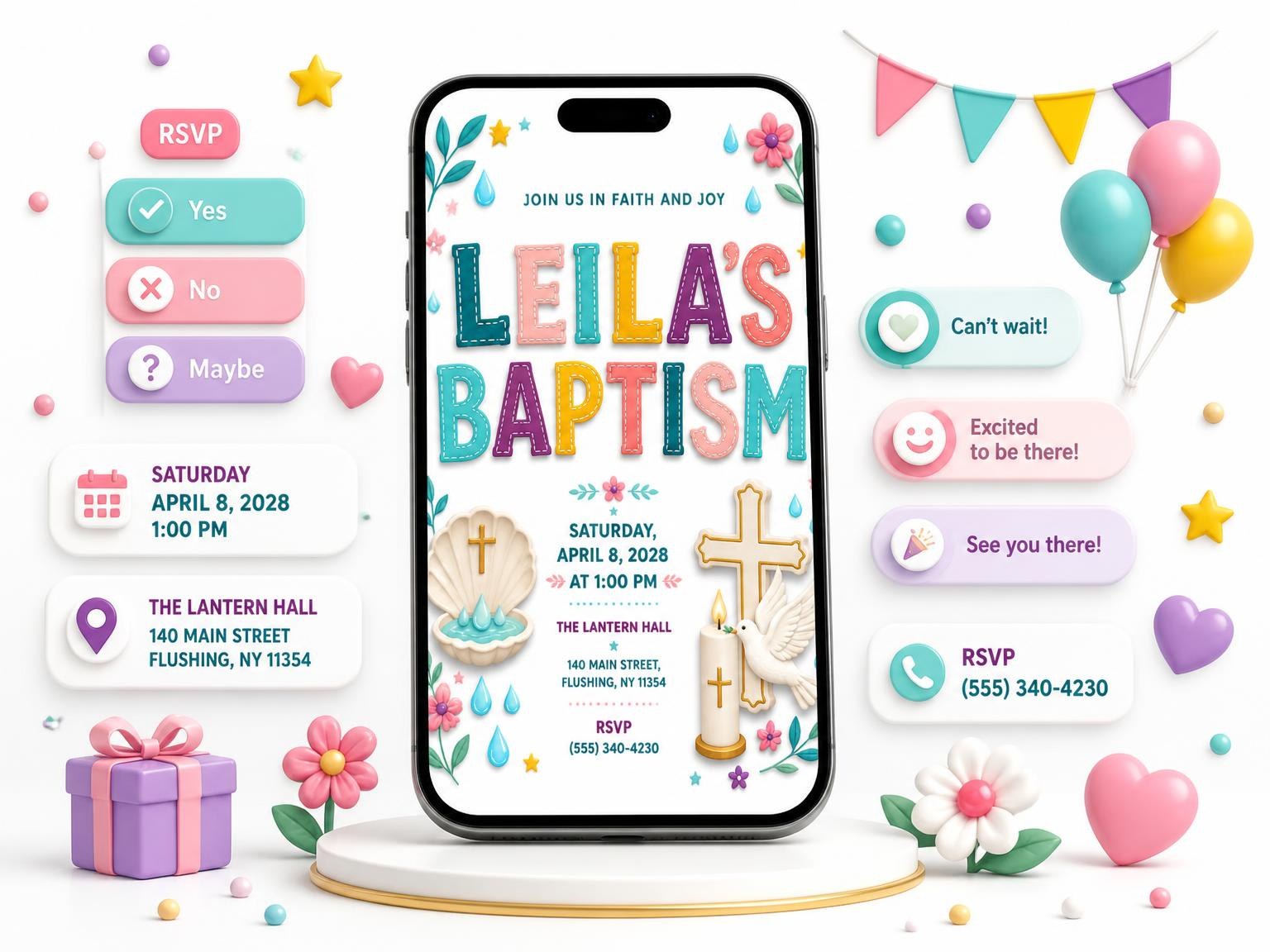 The Cross Baptism Invitation invitation on a phone, with guest RSVPs arriving around it
