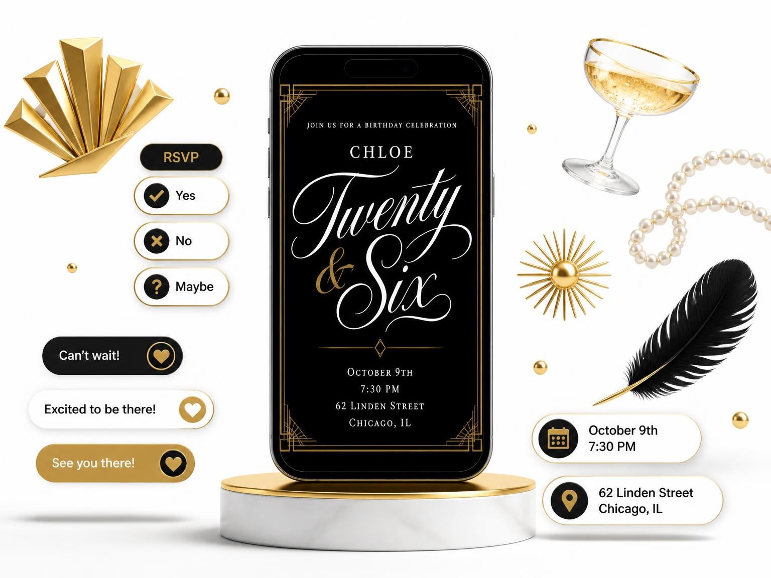 The Art Deco 26th Birthday Invitation invitation on a phone, with guest RSVPs arriving around it
