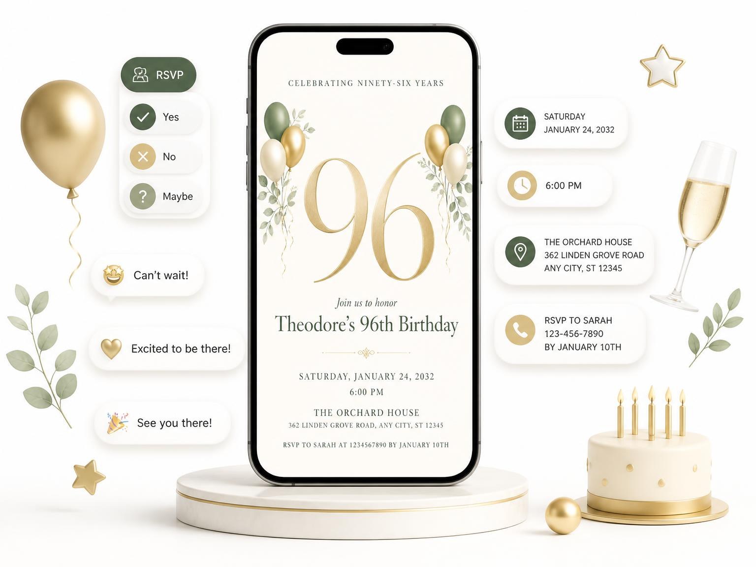 The Sage and Ivory 96th Birthday Invitation invitation on a phone, with guest RSVPs arriving around it