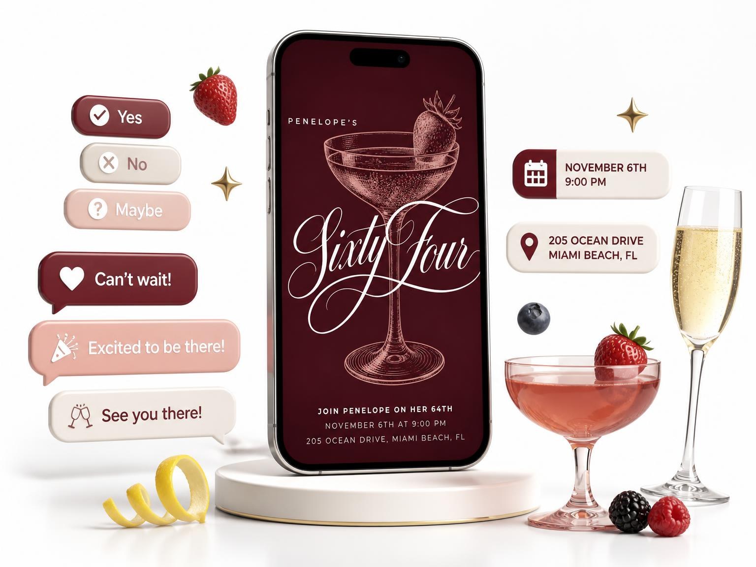 The Burgundy Cocktail 64th Birthday Invitation invitation on a phone, with guest RSVPs arriving around it