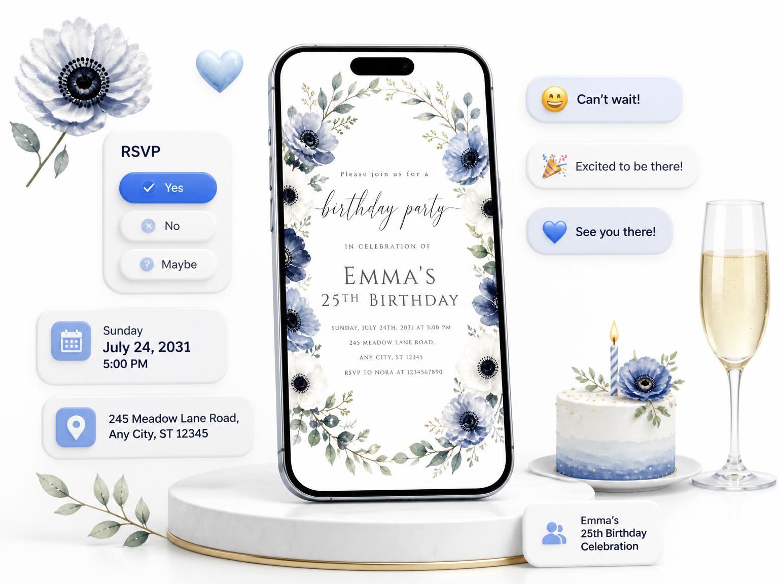 The Anemone Flowers Dusty Blue 25th Birthday Invitation invitation on a phone, with guest RSVPs arriving around it