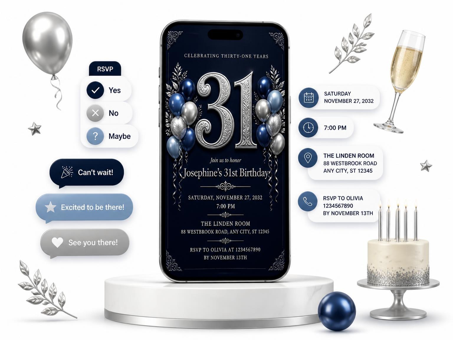 The Navy and Silver 31st Birthday Invitation invitation on a phone, with guest RSVPs arriving around it