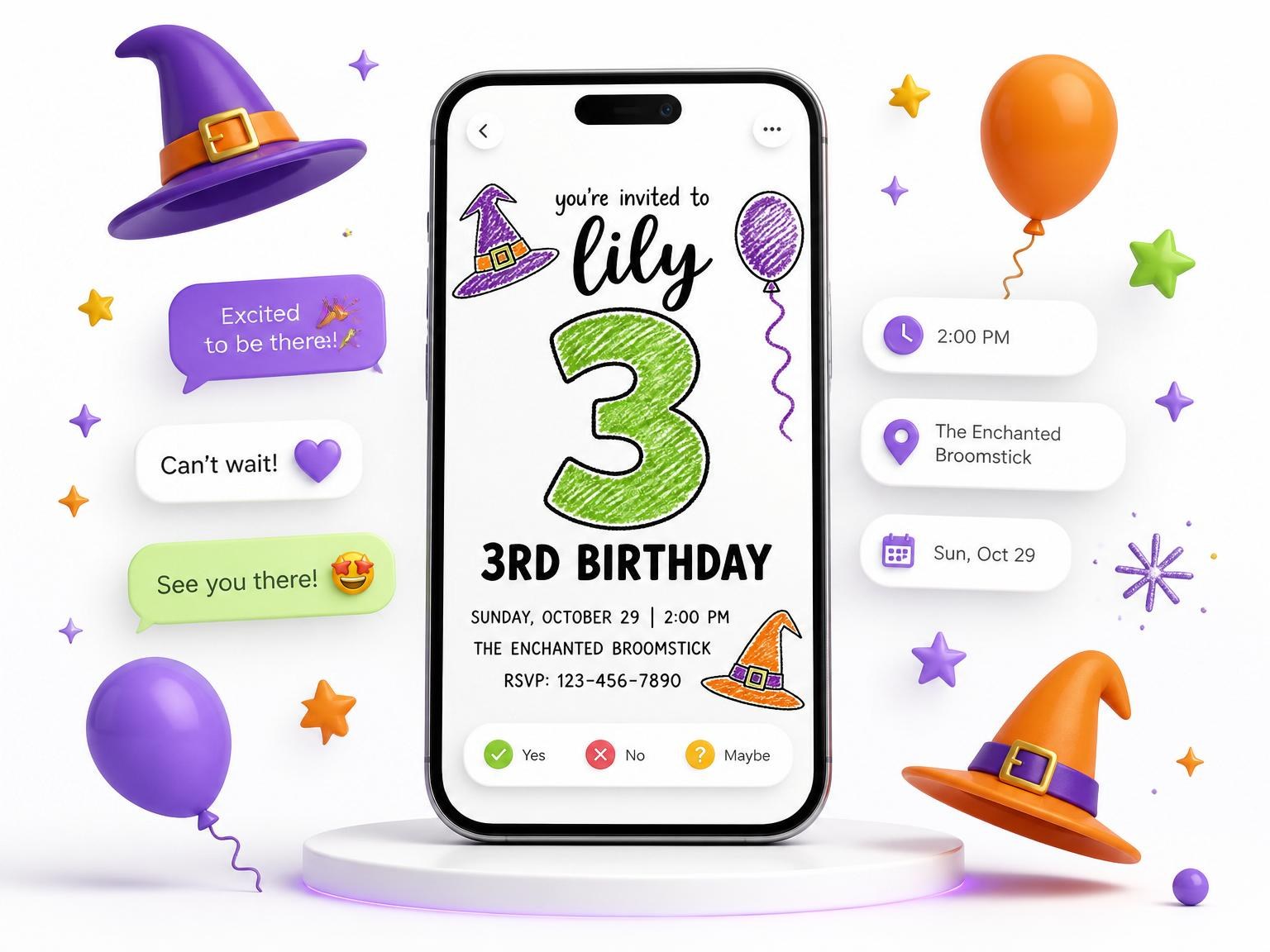The Crayon Witch Hat 3rd Birthday invitation on a phone, with guest RSVPs arriving around it