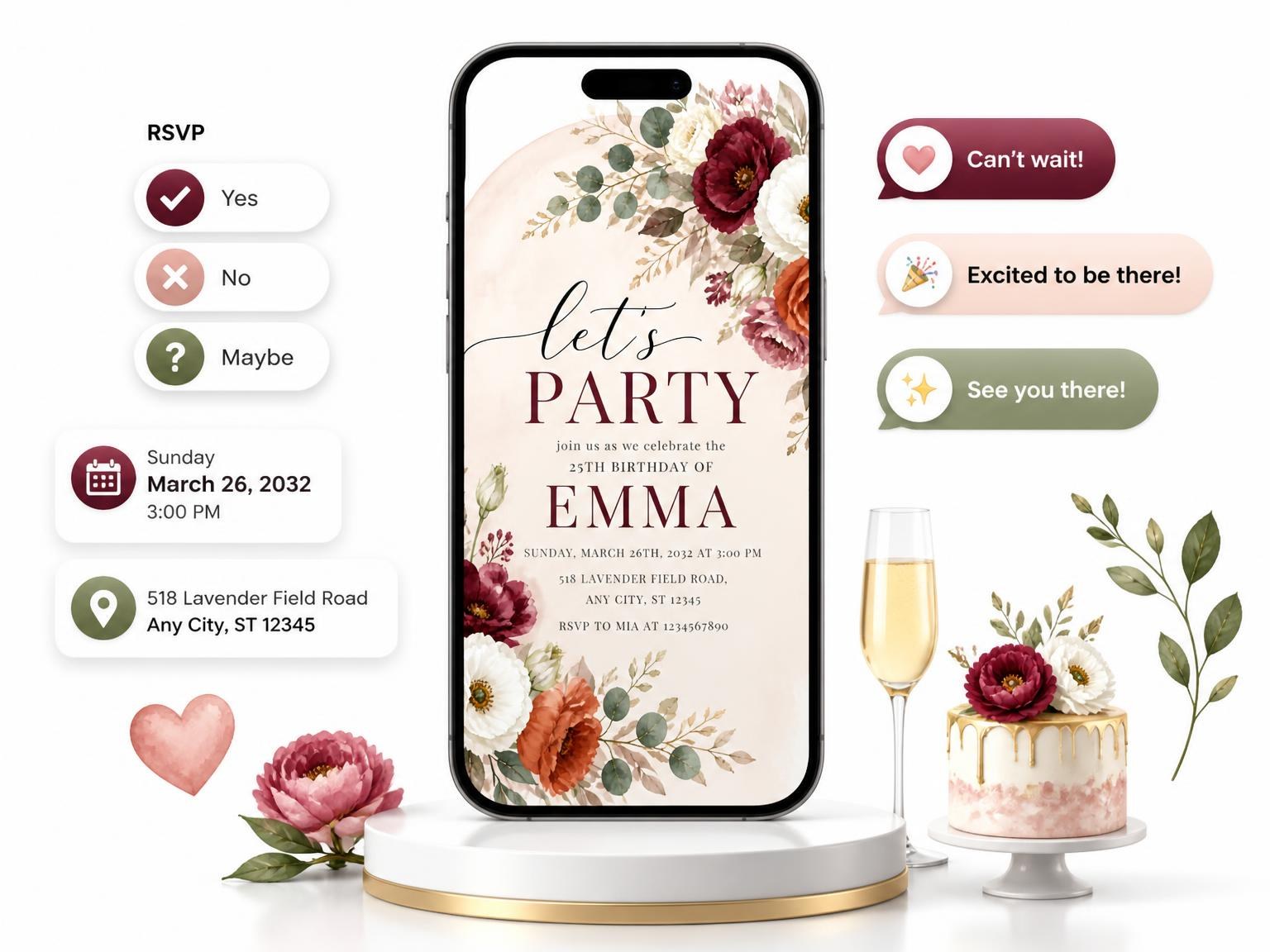 The Floral Bouquets Autumn 25th Birthday Invitation invitation on a phone, with guest RSVPs arriving around it