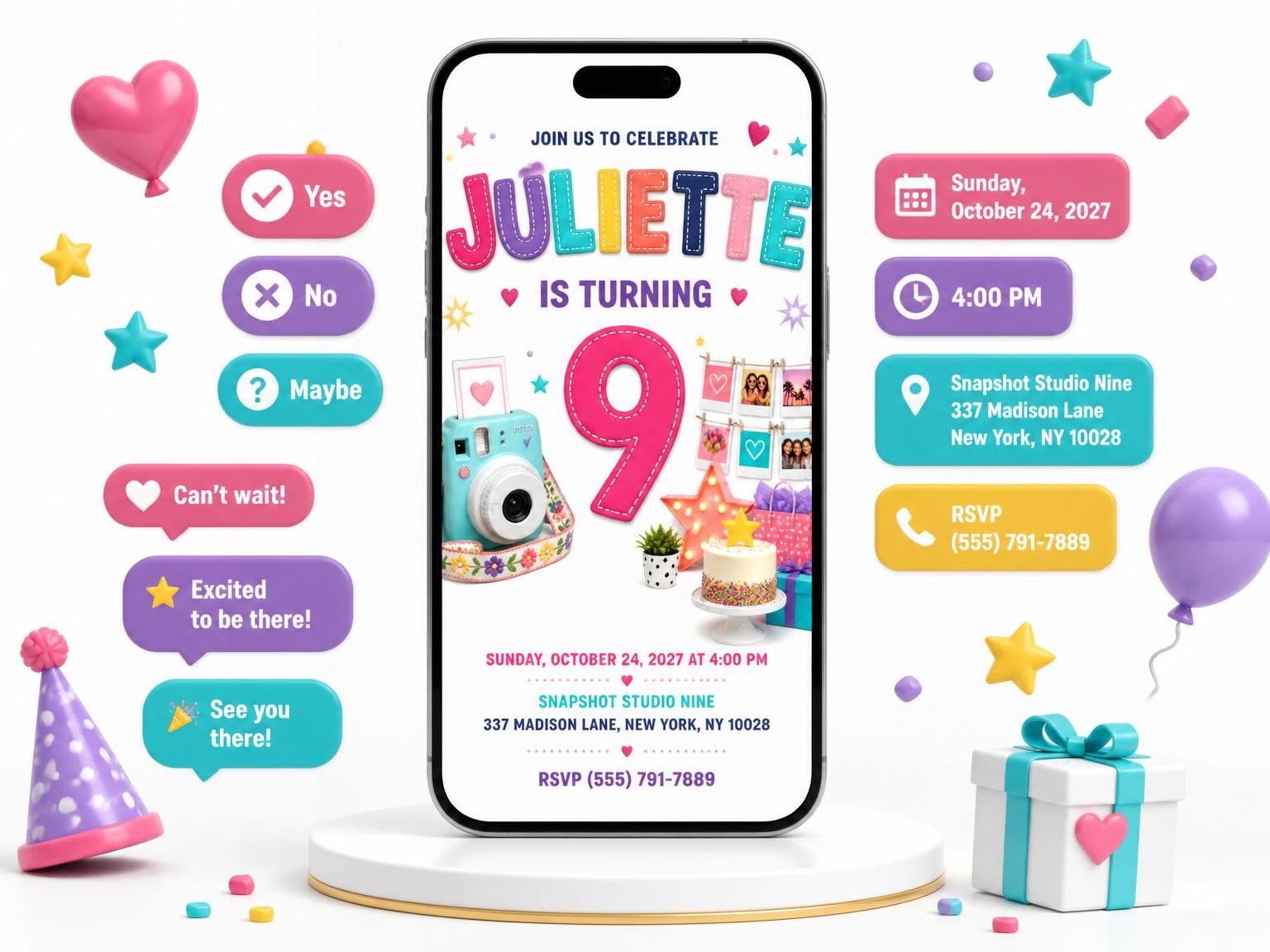 The Clothesline Display 9th Birthday Invitation invitation on a phone, with guest RSVPs arriving around it