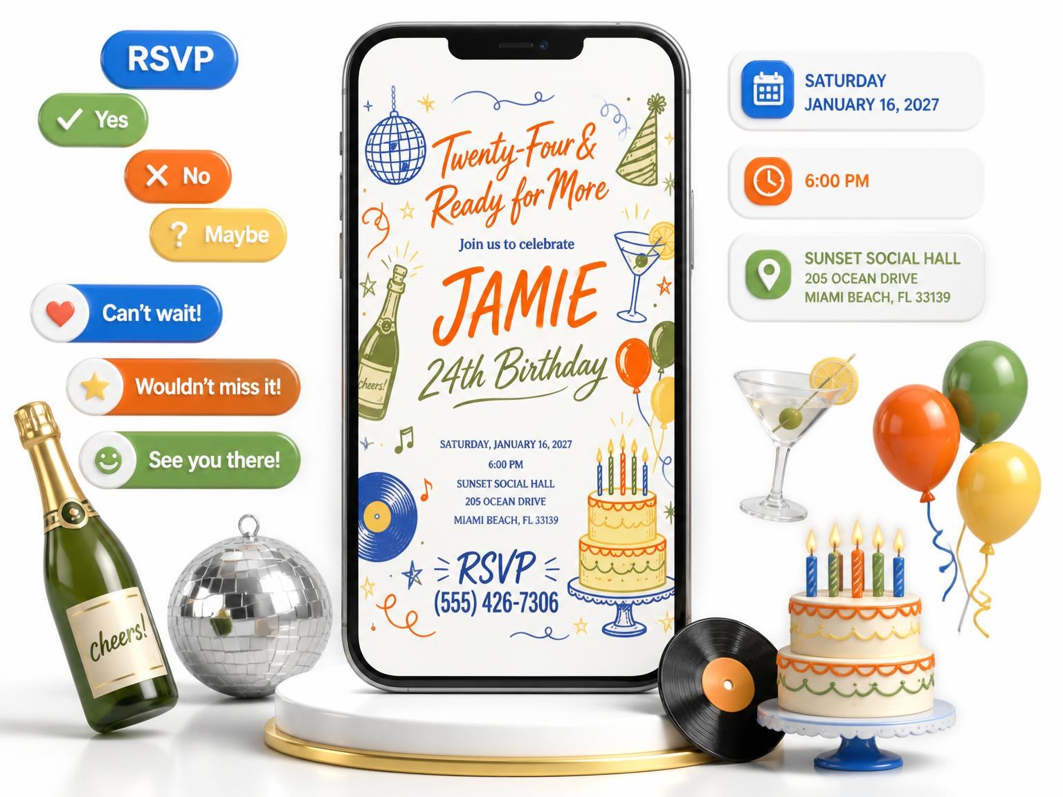 The Retro Doodle 24th Birthday Invitation invitation on a phone, with guest RSVPs arriving around it