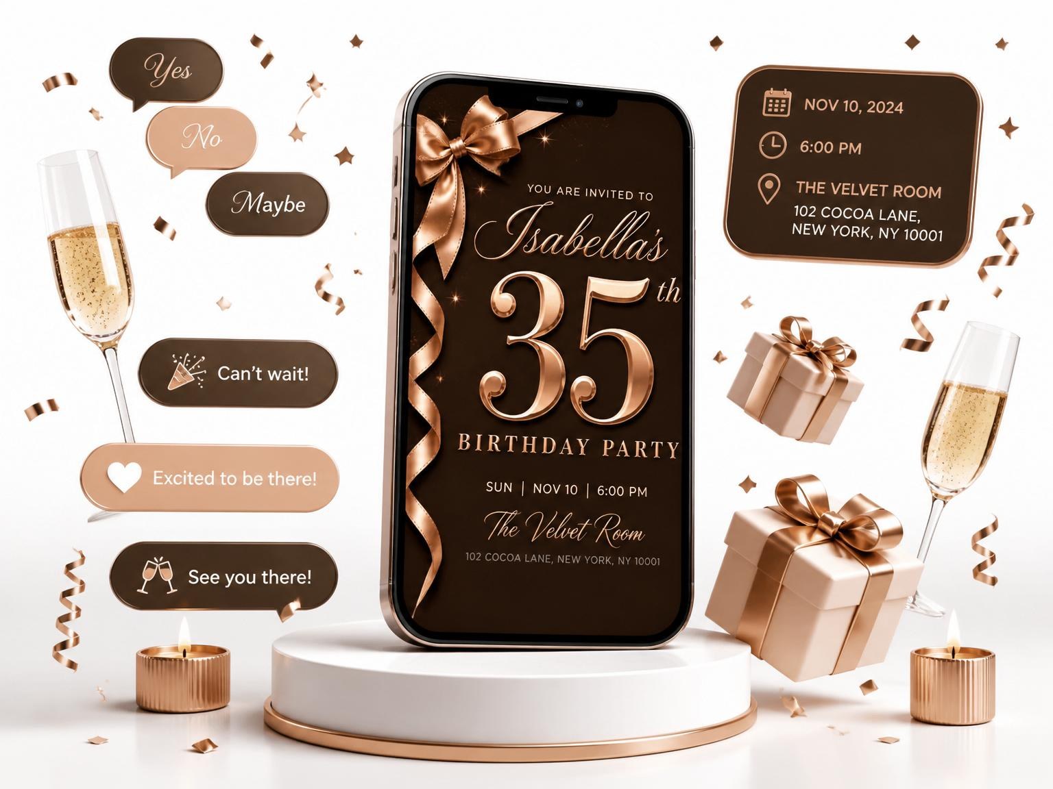 The Rose Gold Ribbon Chocolate 35th Birthday invitation on a phone, with guest RSVPs arriving around it
