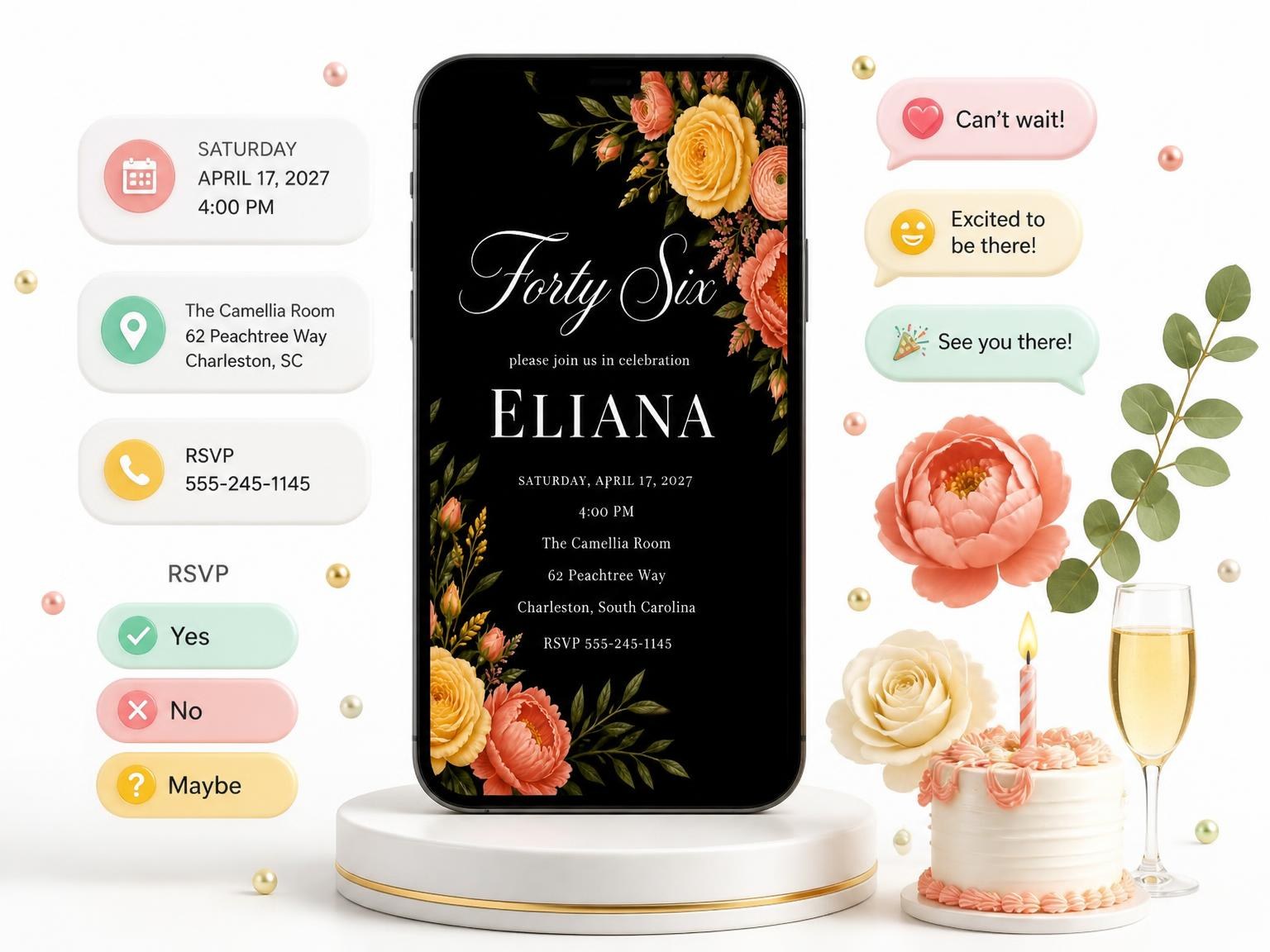 The Black Floral 46th Birthday Invitation invitation on a phone, with guest RSVPs arriving around it