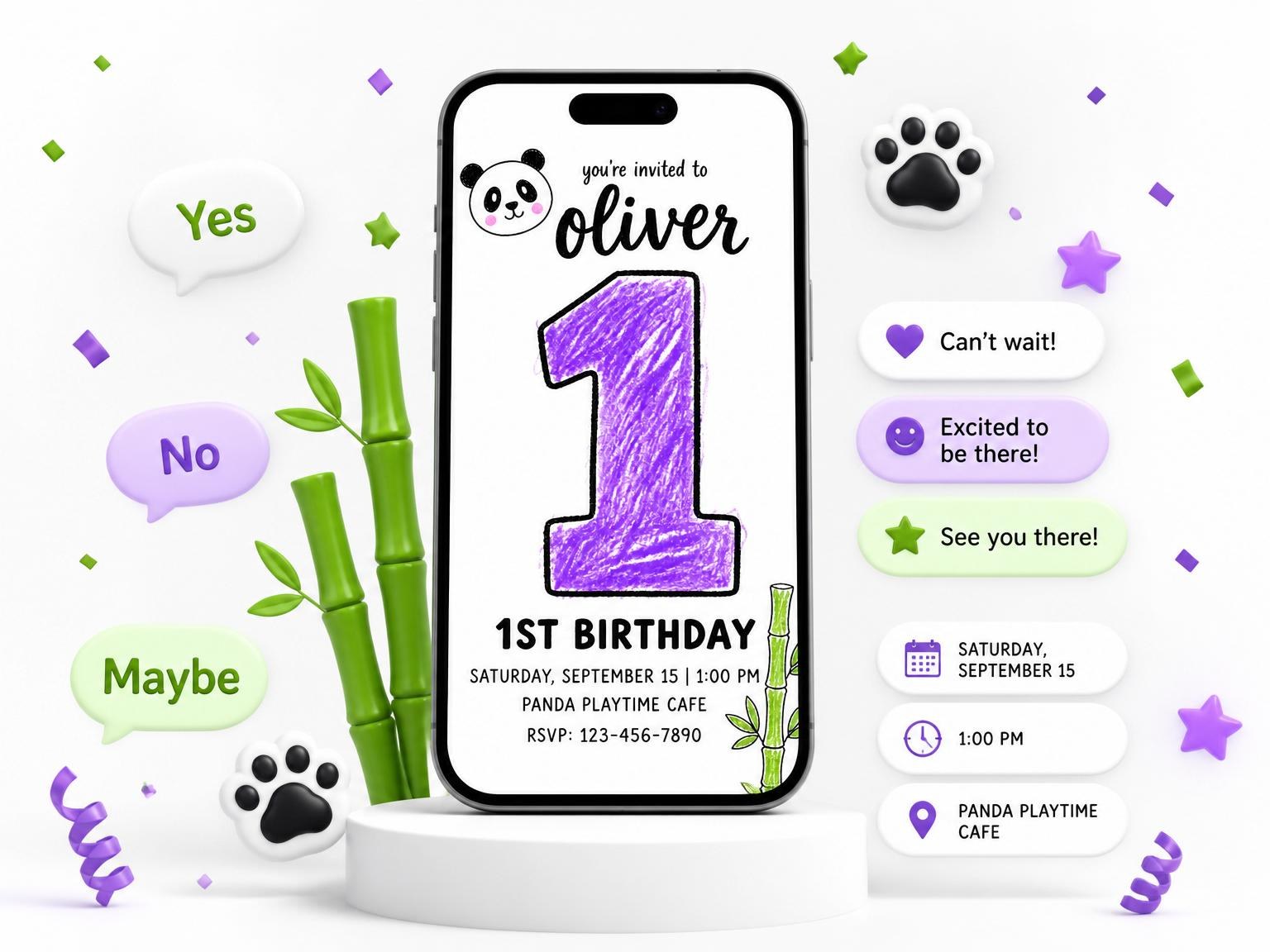 The Crayon Panda Bamboo First Birthday invitation on a phone, with guest RSVPs arriving around it