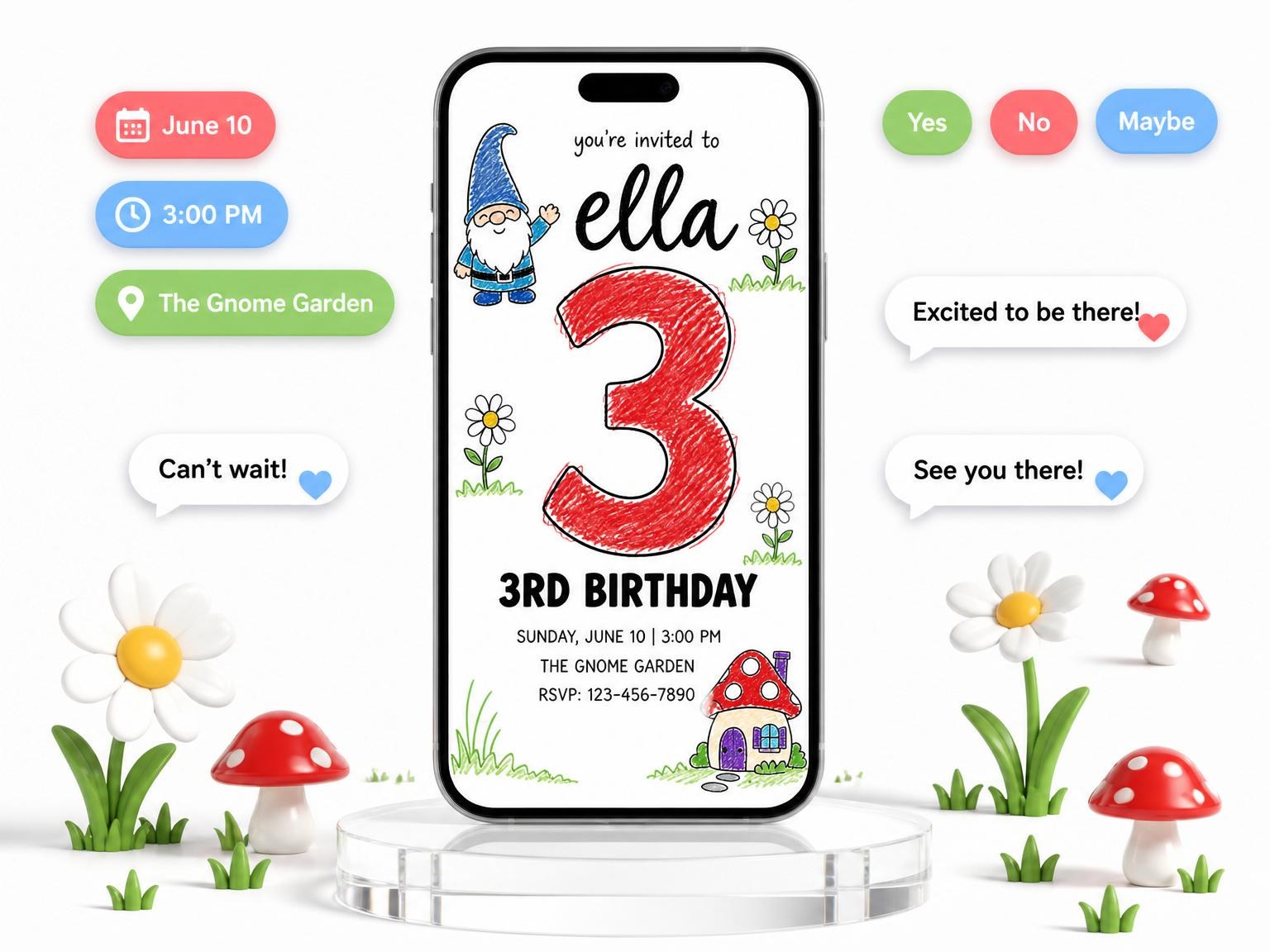 The Crayon Gnome Mushroom 3rd Birthday invitation on a phone, with guest RSVPs arriving around it