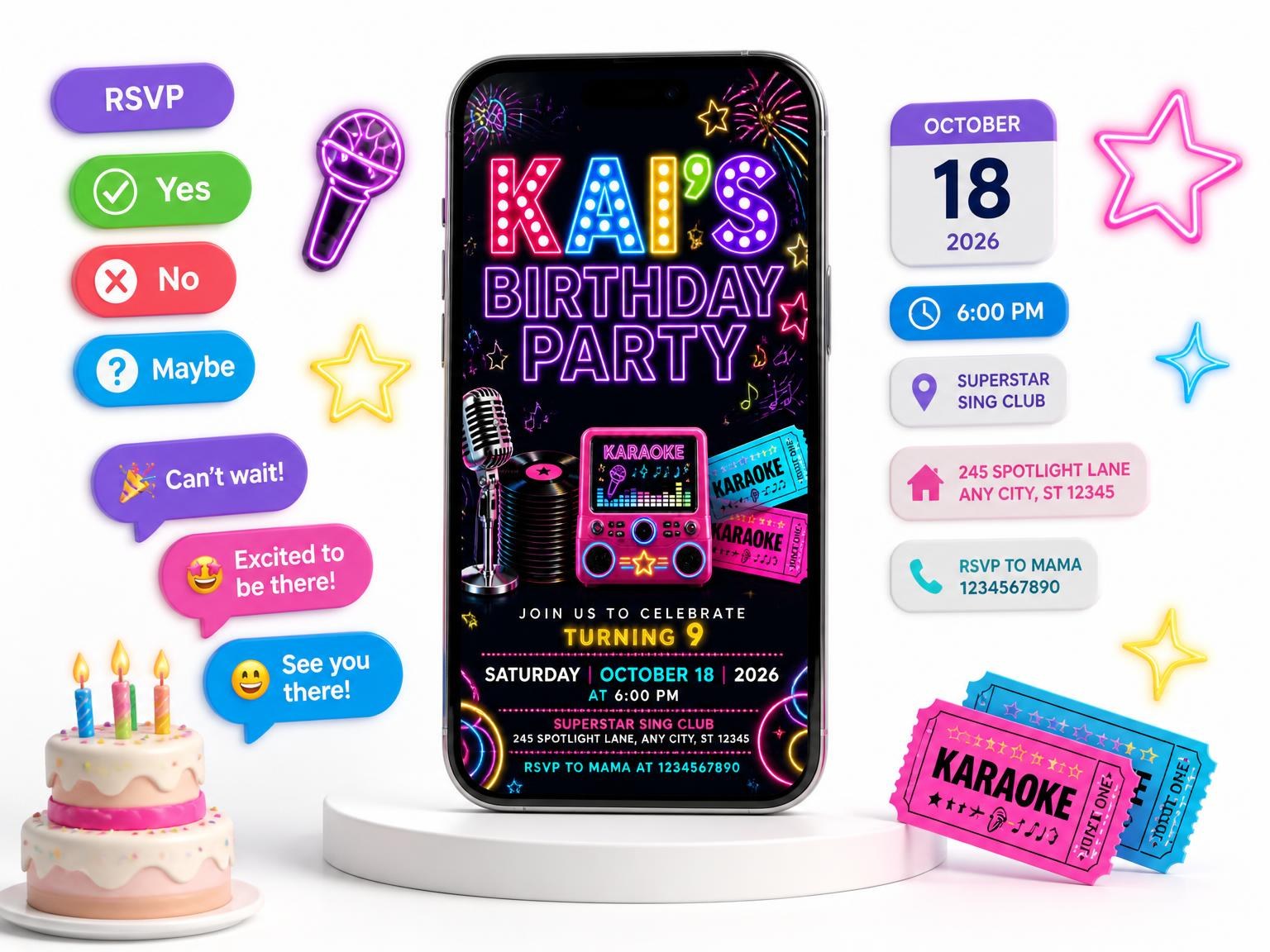 The Neon Karaoke 9th Birthday Invitation invitation on a phone, with guest RSVPs arriving around it
