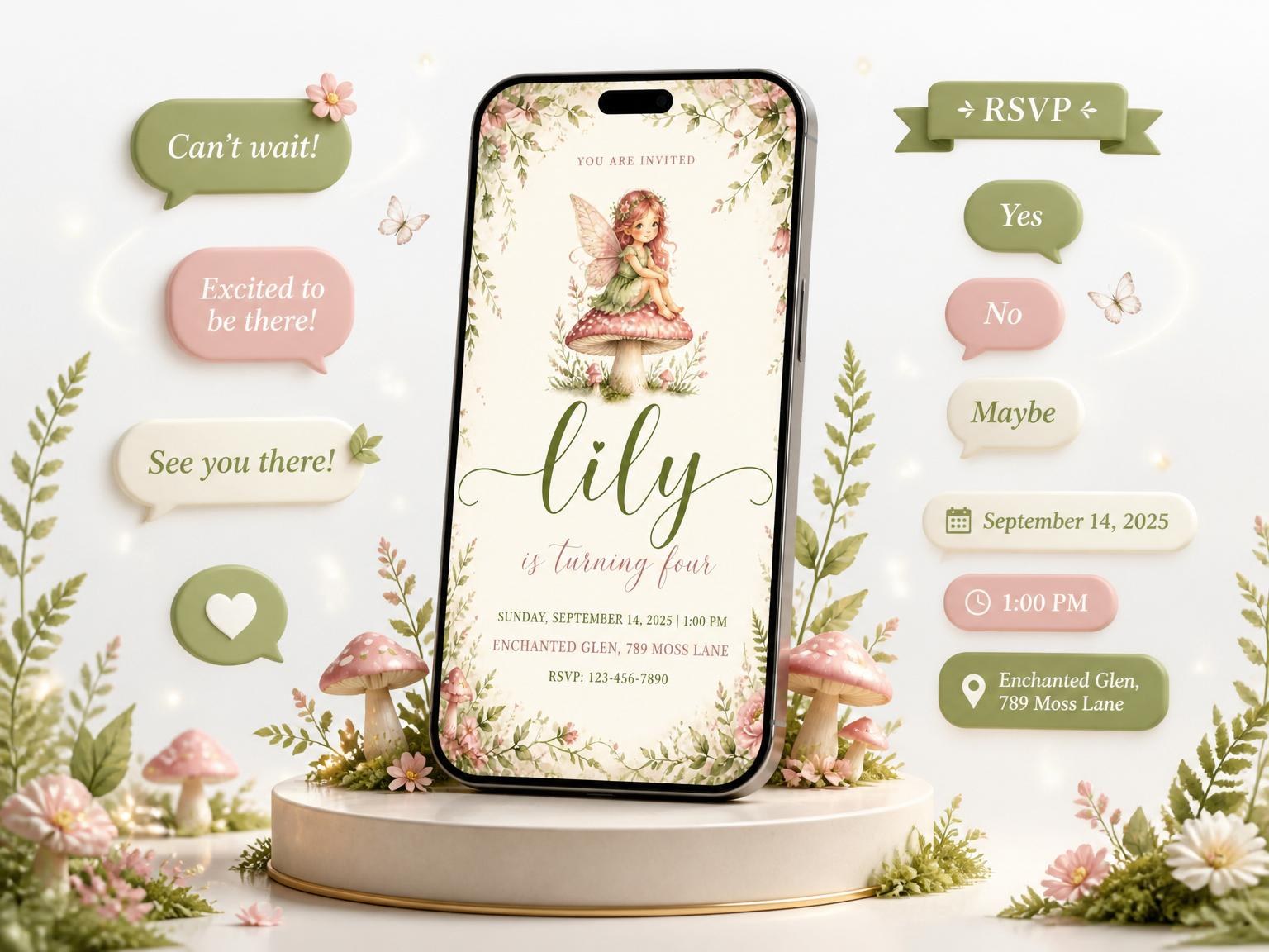 The Watercolor Fairy Mushroom 4th Birthday Invitation invitation on a phone, with guest RSVPs arriving around it
