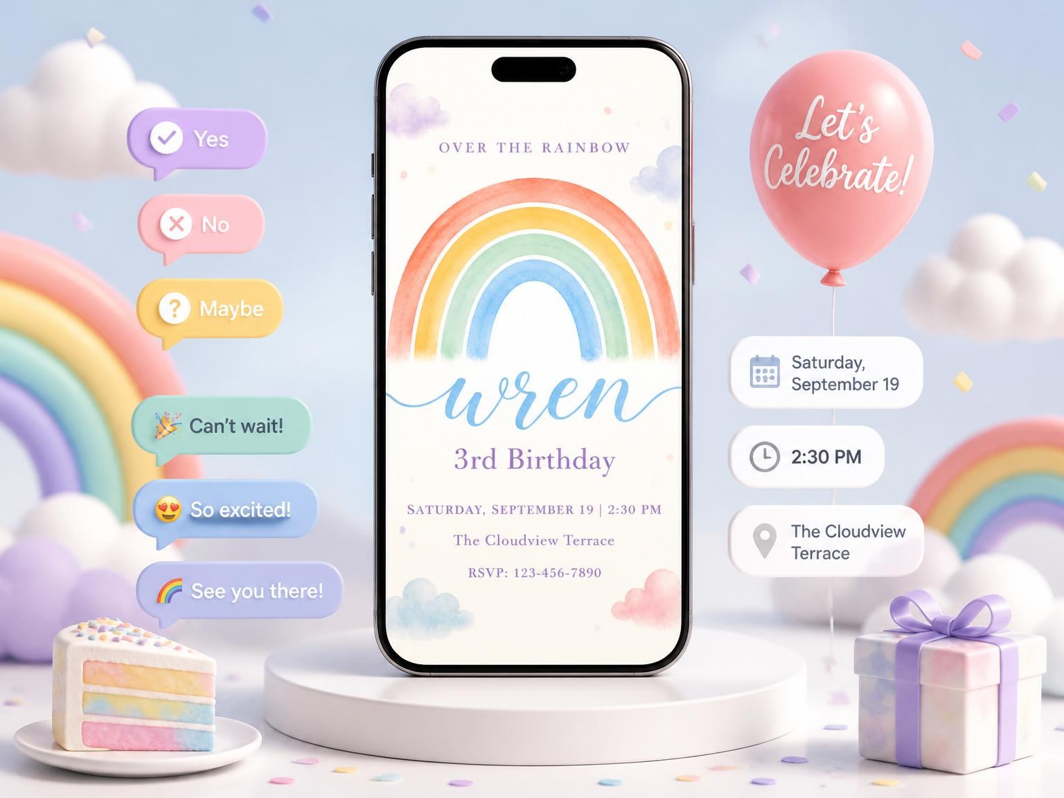 The Pastel Watercolor Rainbow 3rd Birthday Invitation invitation on a phone, with guest RSVPs arriving around it