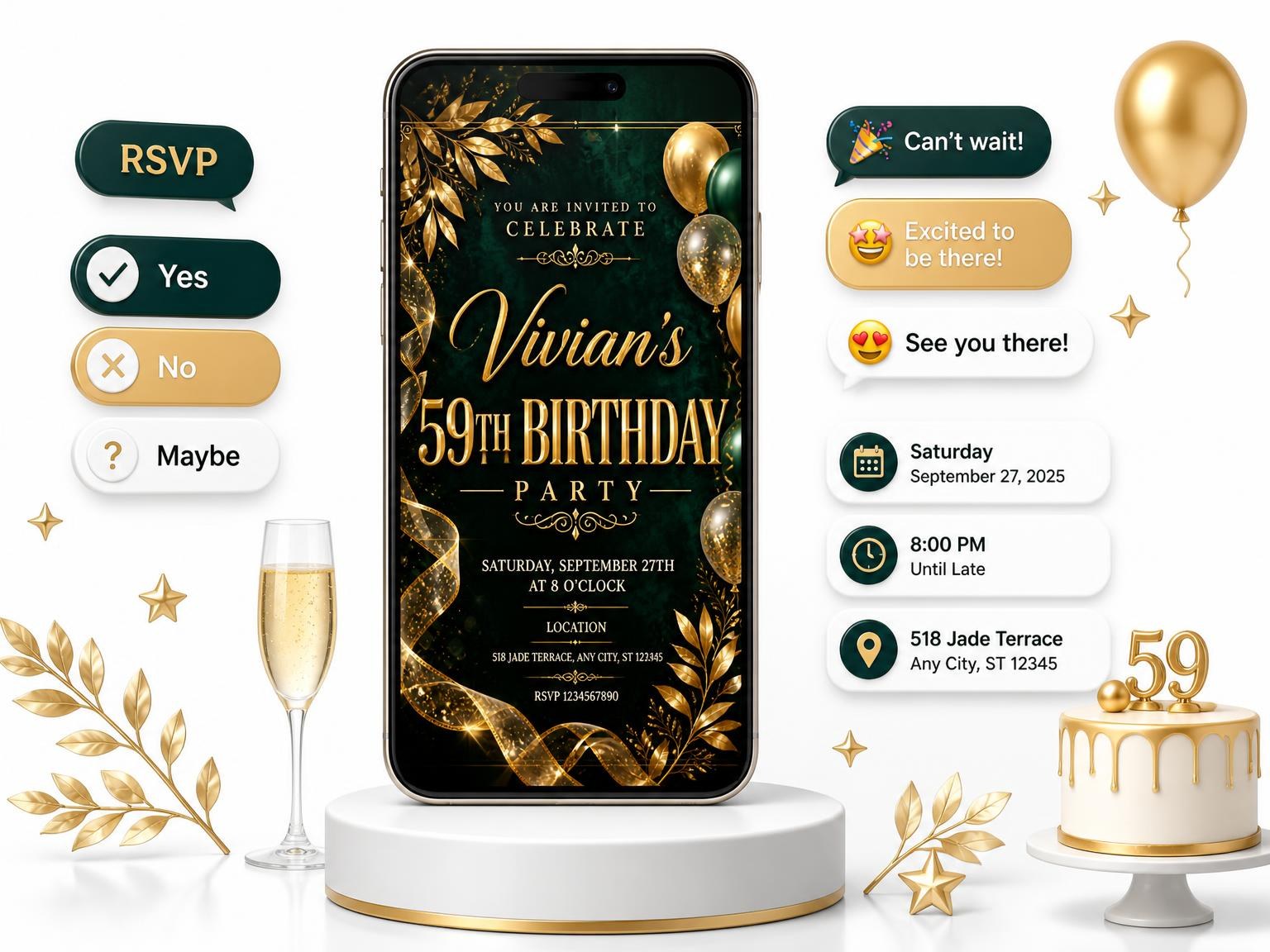 The Emerald and Champagne 59th Birthday Invitation invitation on a phone, with guest RSVPs arriving around it