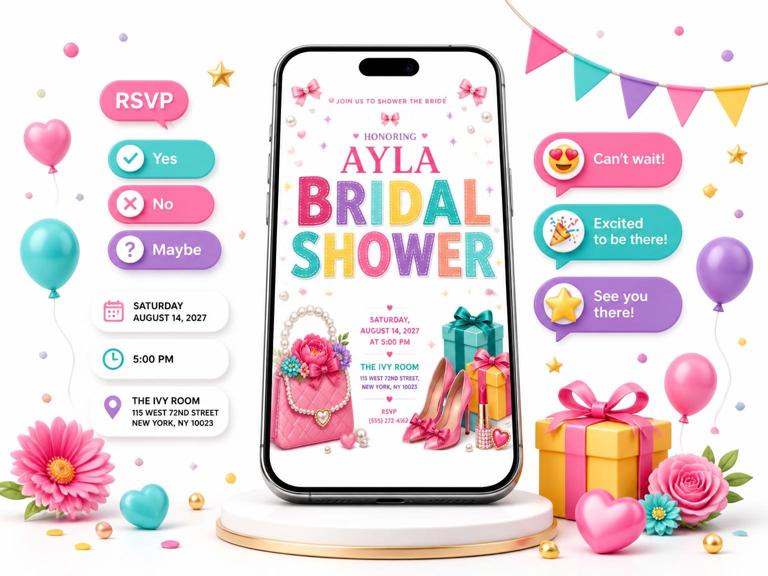 The Pink Glam Bridal Shower Invitation invitation on a phone, with guest RSVPs arriving around it
