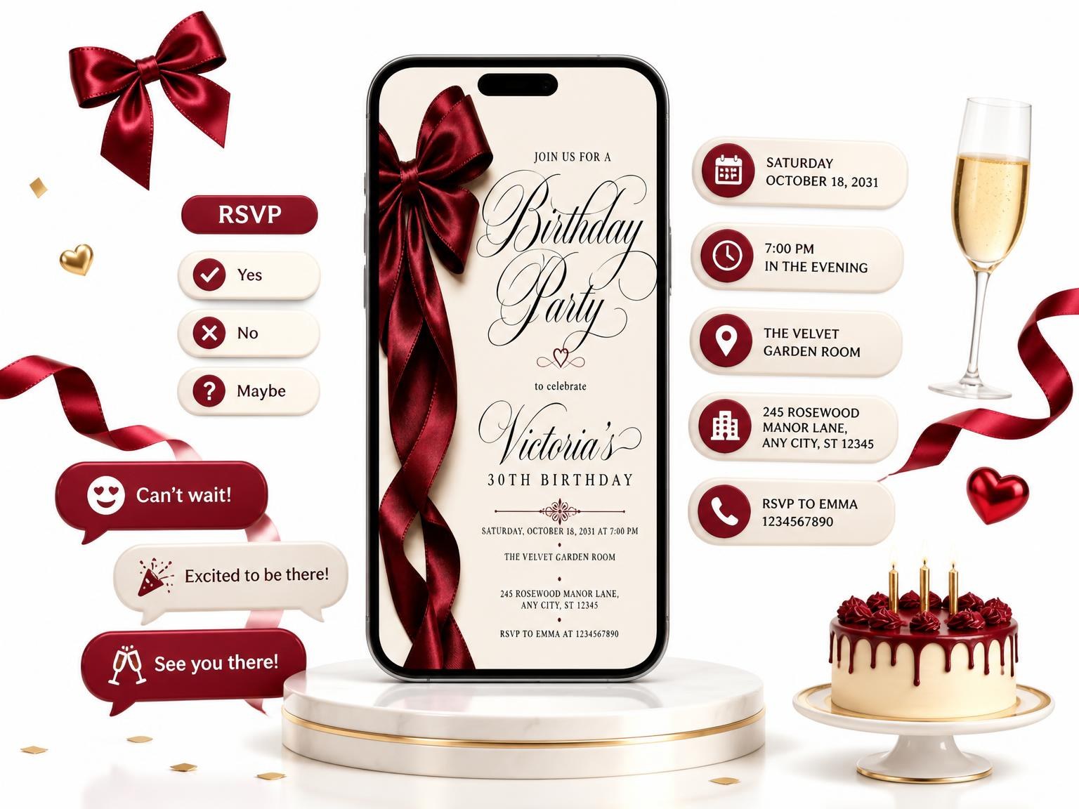 The Burgundy Satin Bow 30th Birthday Invitation invitation on a phone, with guest RSVPs arriving around it