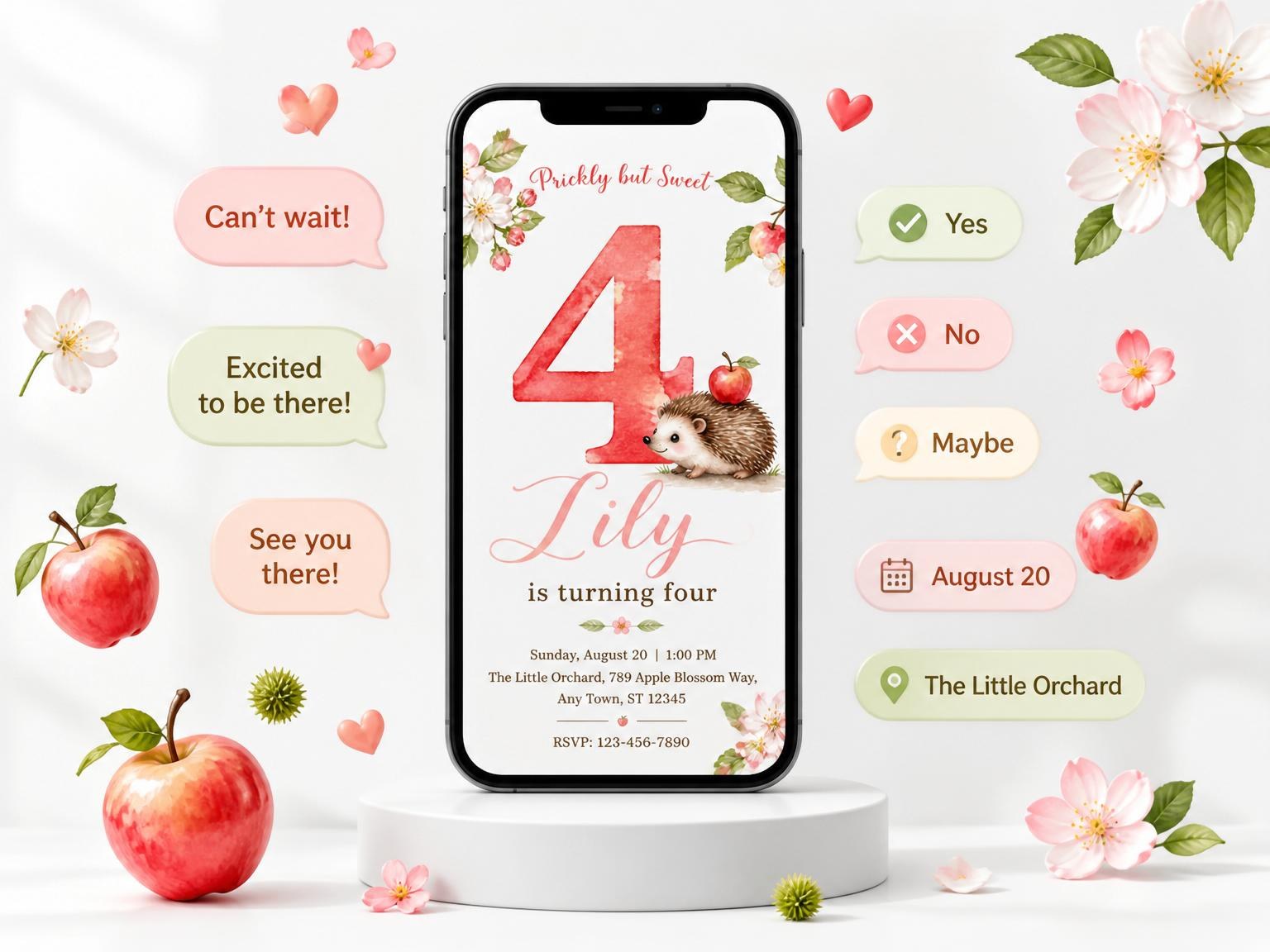The Floral Woodland 4th Birthday Invitation invitation on a phone, with guest RSVPs arriving around it