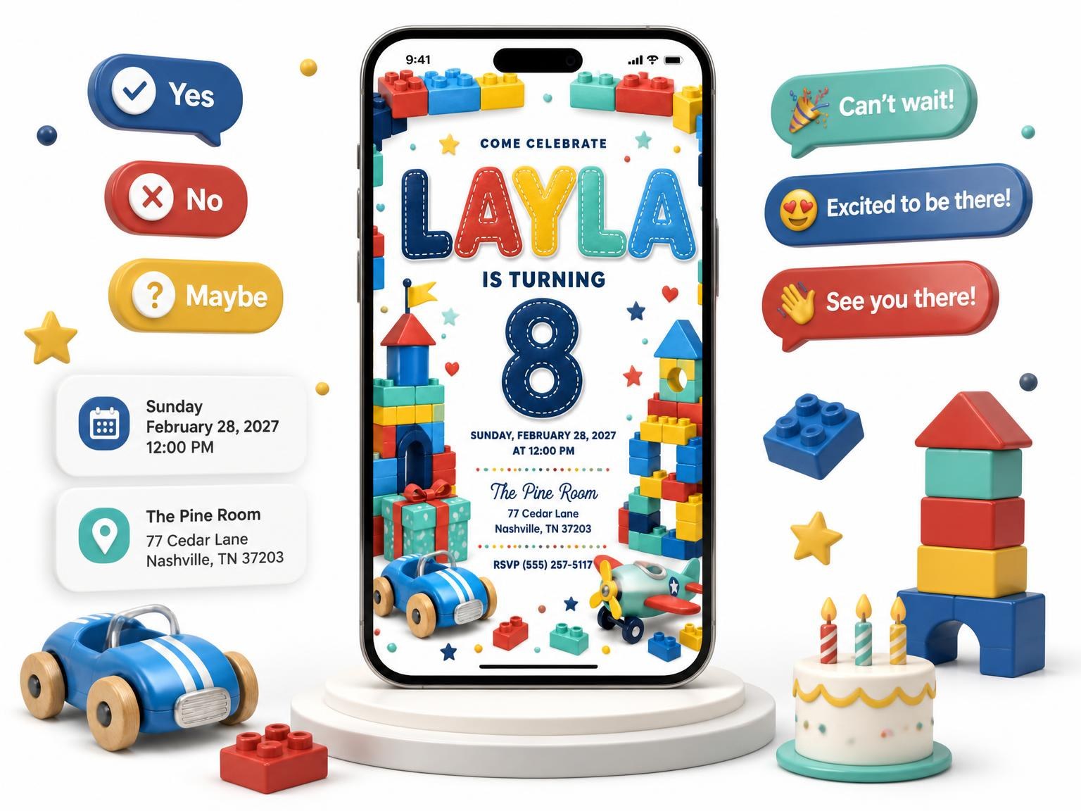 The Stitched Toy Blocks 8th Birthday Invitation invitation on a phone, with guest RSVPs arriving around it
