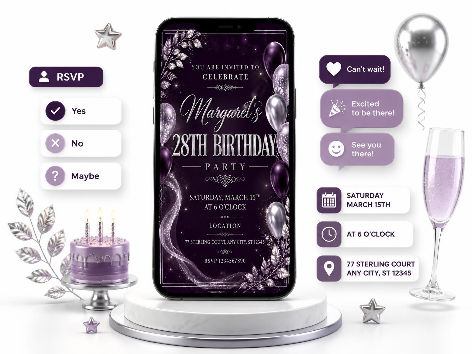 The Plum and Silver 28th Birthday Invitation invitation on a phone, with guest RSVPs arriving around it