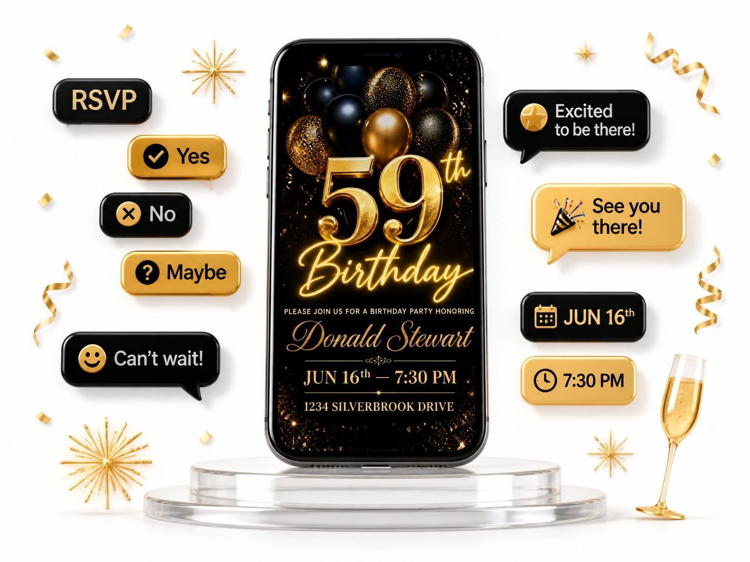 The Black and Gold Balloon 59th Birthday invitation on a phone, with guest RSVPs arriving around it