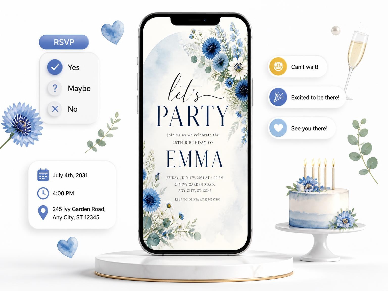 The Floral Bouquet Dusty Blue 25th Birthday Invitation invitation on a phone, with guest RSVPs arriving around it