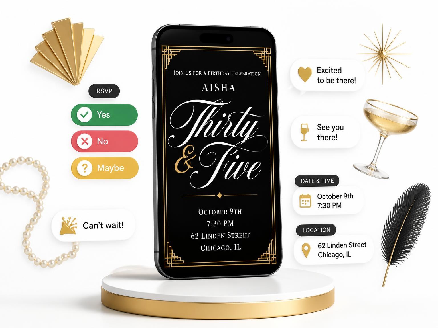 The Art Deco 35th Birthday Invitation invitation on a phone, with guest RSVPs arriving around it