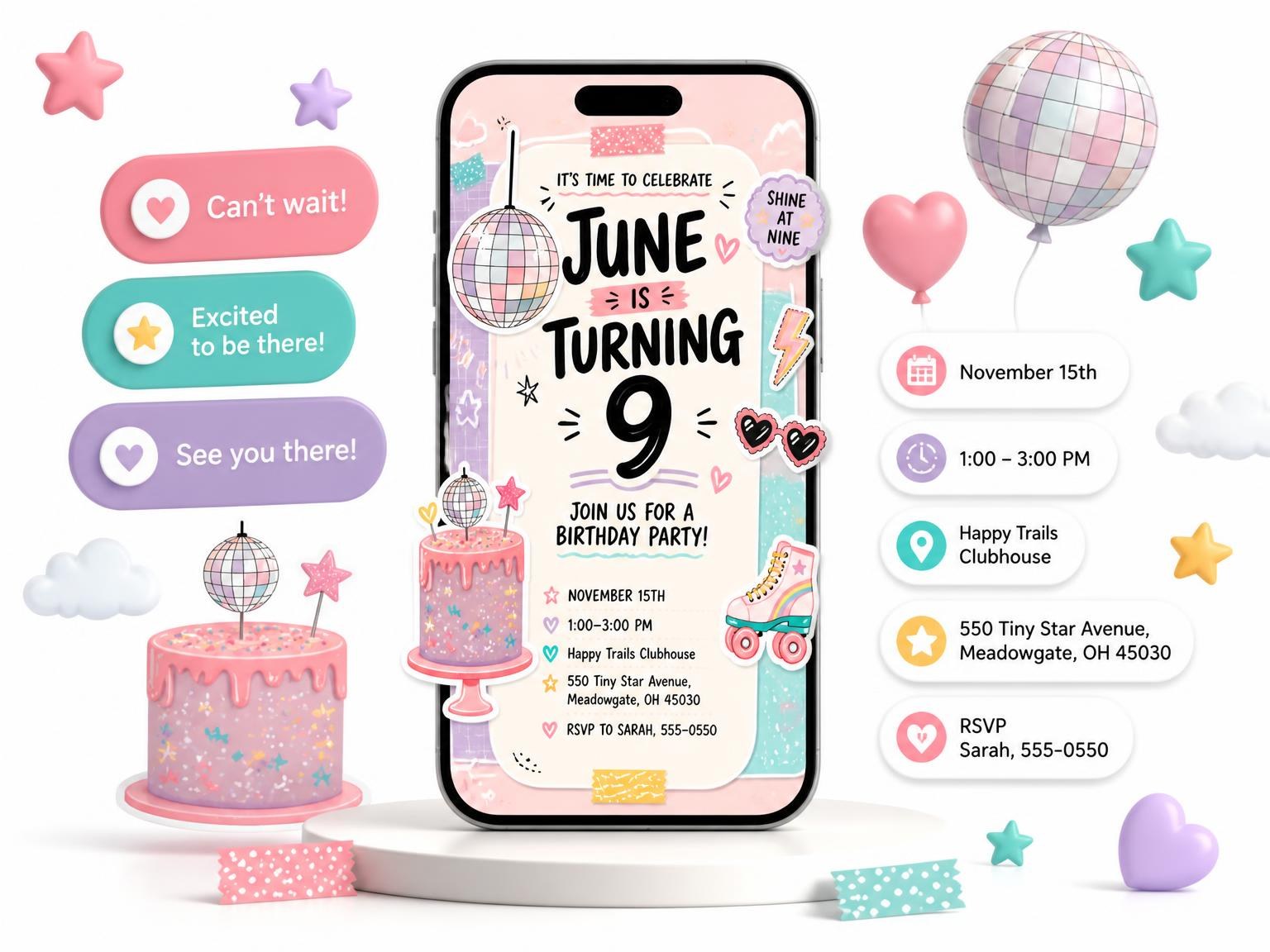 The Disco Ball Pastel 9th Birthday Invitation invitation on a phone, with guest RSVPs arriving around it